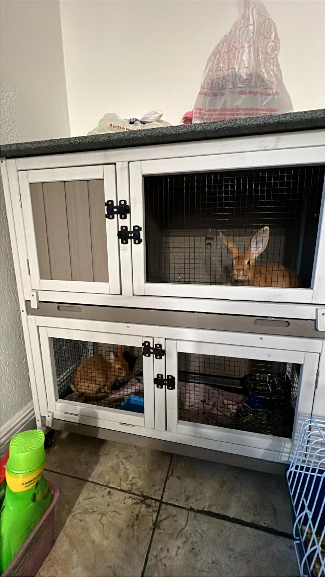 2 Story Rabbit Hutch Outdoor Indoor, Wooden Bunny Cage with 6 Lockable Wheels, 3 Removable Pull Out Trays customer photo 2