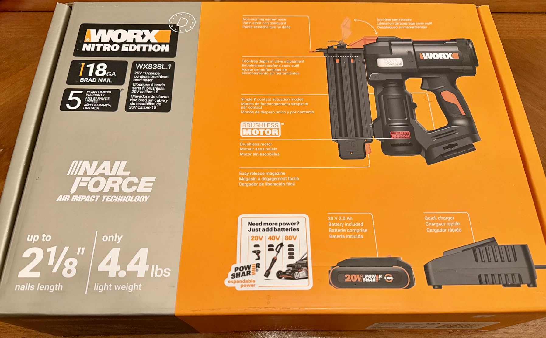 WORX Cordless Brad Nailer, 20V 18GA Brushless Nail Gun, WX838L.1 | Drives up to 2-1/8 in into Hardwood, Narrow Nose and 3 LEDs, 3000 Nails, 2.0Ah Battery and Charger Included, PowerShare customer photo 1