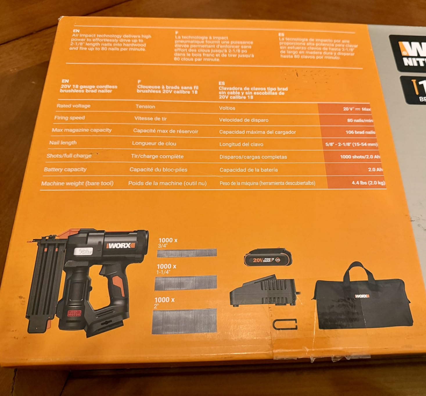 WORX Cordless Brad Nailer, 20V 18GA Brushless Nail Gun, WX838L.1 | Drives up to 2-1/8 in into Hardwood, Narrow Nose and 3 LEDs, 3000 Nails, 2.0Ah Battery and Charger Included, PowerShare customer photo 2