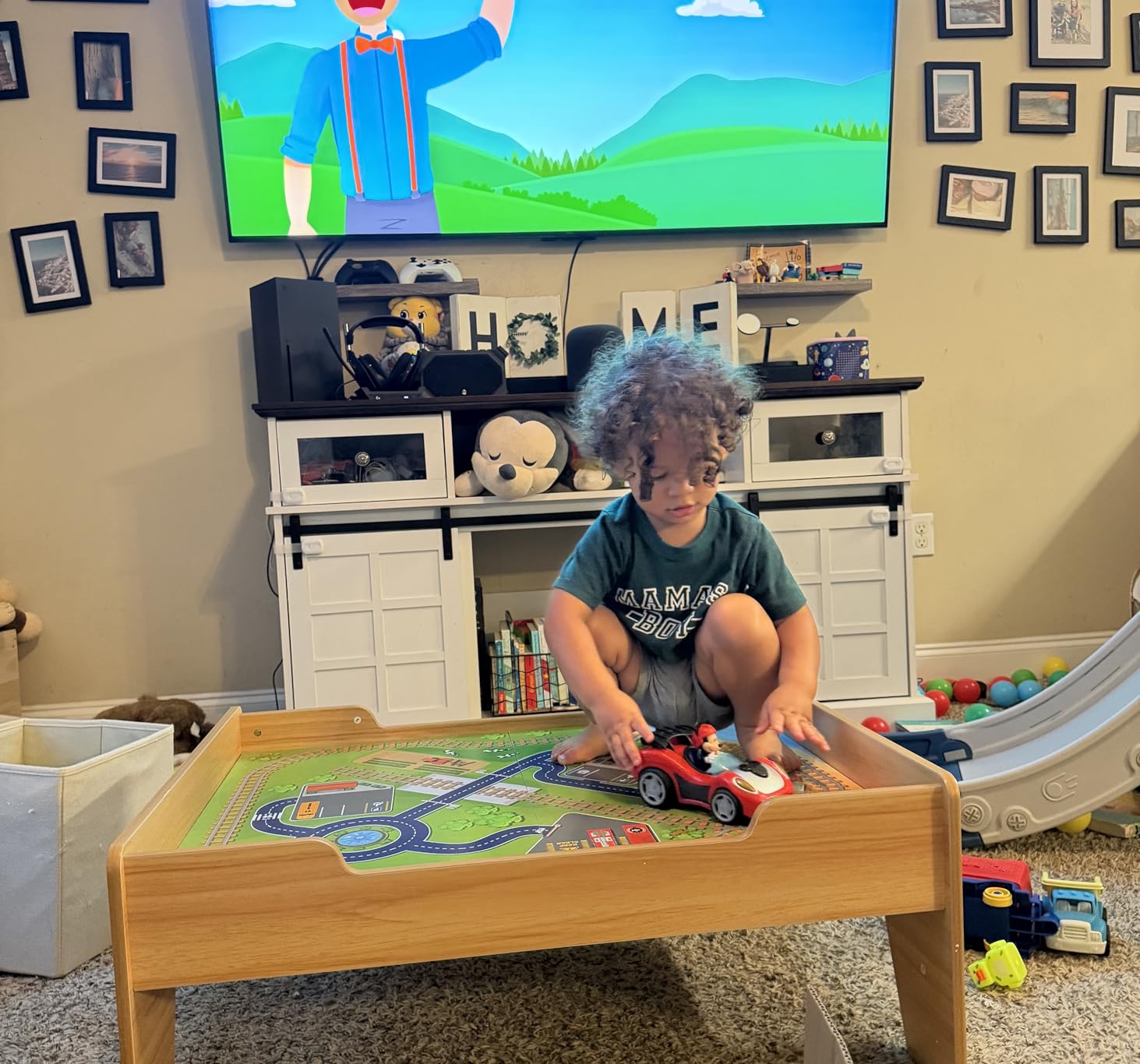 HONEY JOY Train Table, Wooden Kids Activity Table with 3 Storage Bins, 94 Multicolor Pieces, Tracks, Trains, Cars, Toddler Train Table Set with Reversible Tabletop, Gift for Boys Girls Age 3+ customer photo 1