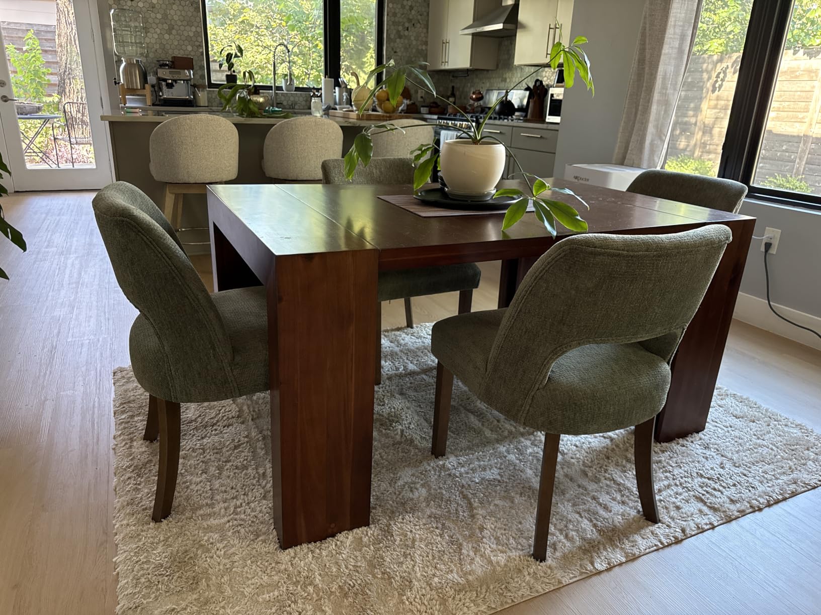 keoni Wooden Dining Chairs Set of 4 with Rubberwood Legs and Open Back | Mid Century Modern Upholstered Dining Room Chairs with Chenille Fabric, Farmhouse Kitchen Chairs for Dining Room, Green customer photo 1