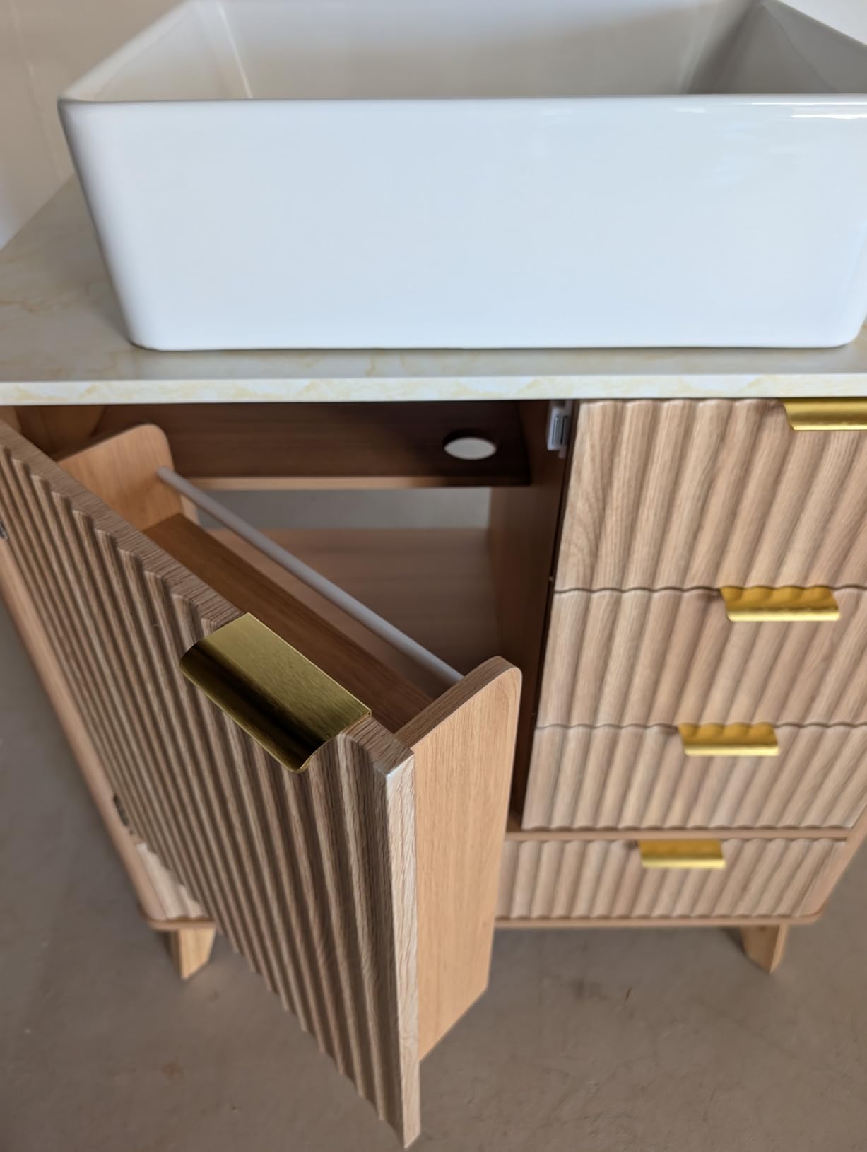 Concho 55'' Fluted Bathroom Vanity with Ceramic Sink, Modern Bathroom Sink Storage Cabinet with Wood Marble Top & 4 Spacious Drawers, Freestanding Bathroom Vanity Cabinet, Natural Oak customer photo 2