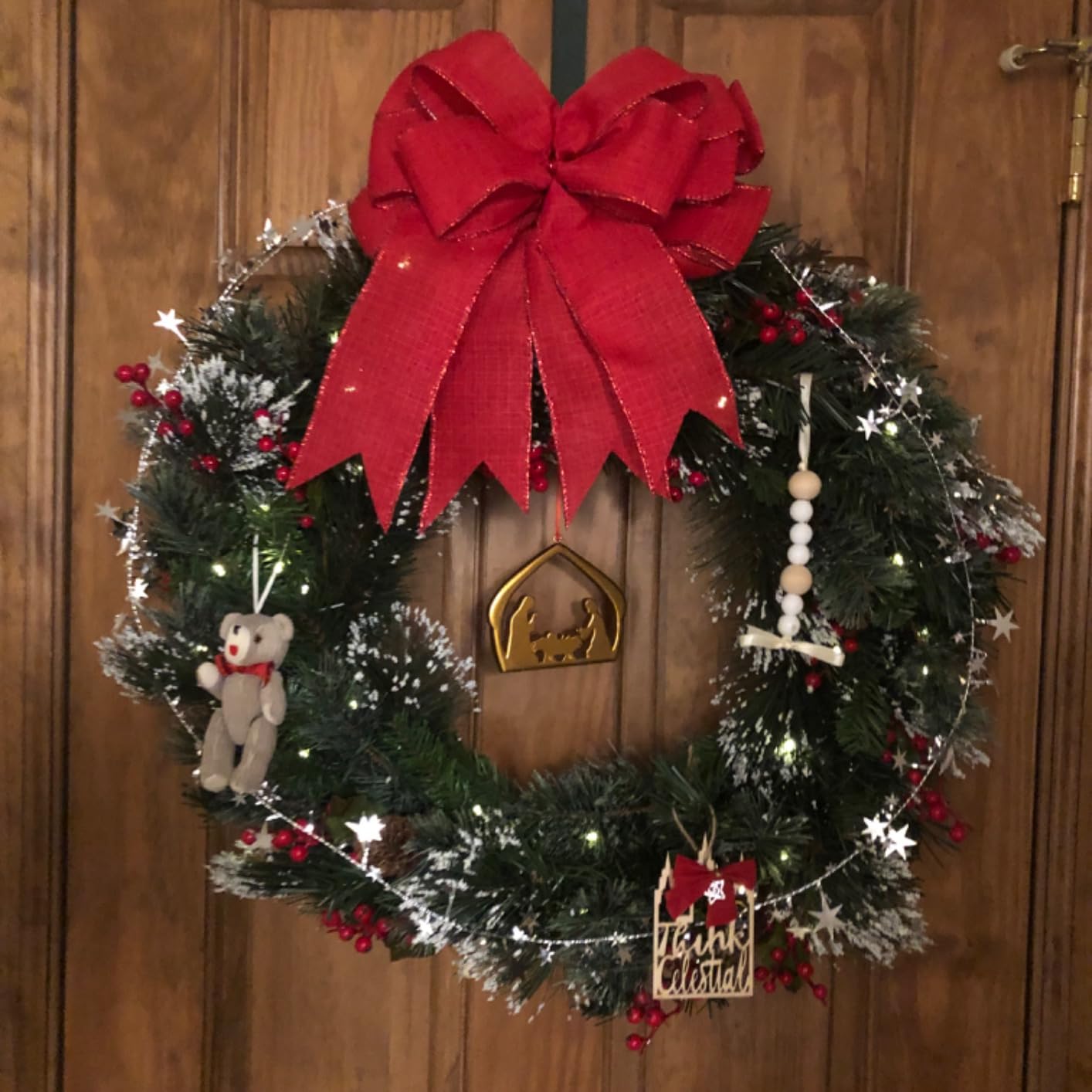 National Tree Company 24in Pre-Lit Wintry Pine Flocked Christmas Wreath | 50 Warm White LED Lights, 113 Tips, Artificial Christmas Decoration With Pinecones, Red Berries, Timer, Green customer photo 2