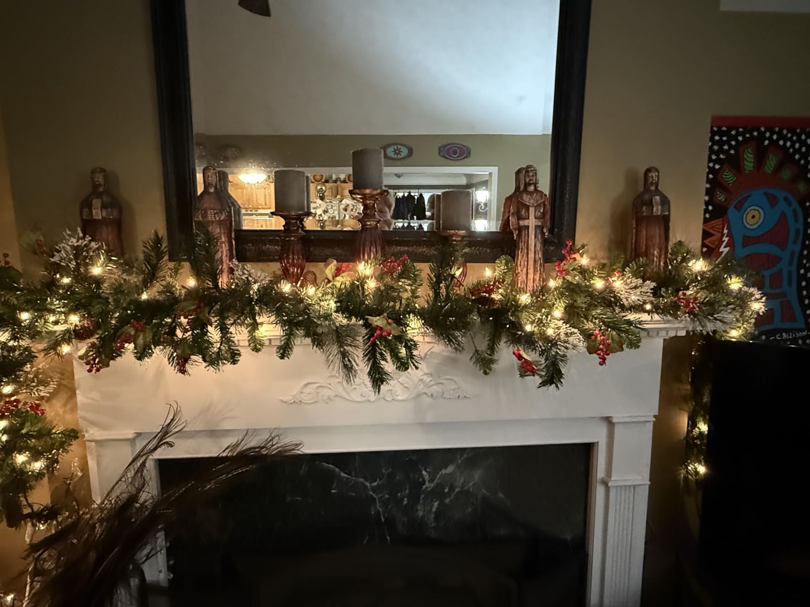 National Tree Company 9ft Pre-Lit Wintry Pine Flocked Christmas Garland | 100 Clear Lights, 184 Tips, Artificial Christmas Decoration With Pinecones, Red Berries, Green customer photo 1