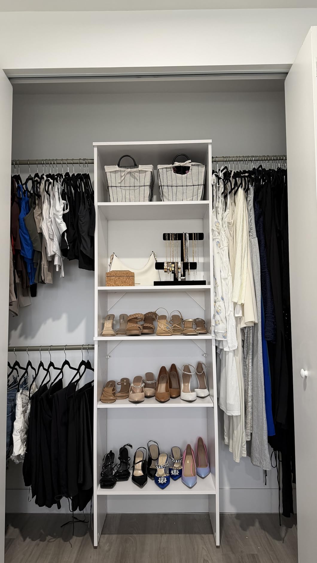 ClosetMaid SuiteSymphony Wood Closet Organizer Starter Kit with Tower and 3 Hang Rods, Shelves, Adjustable, Fits Spaces 5 - 10 ft. Wide, Natural Gray customer photo 1
