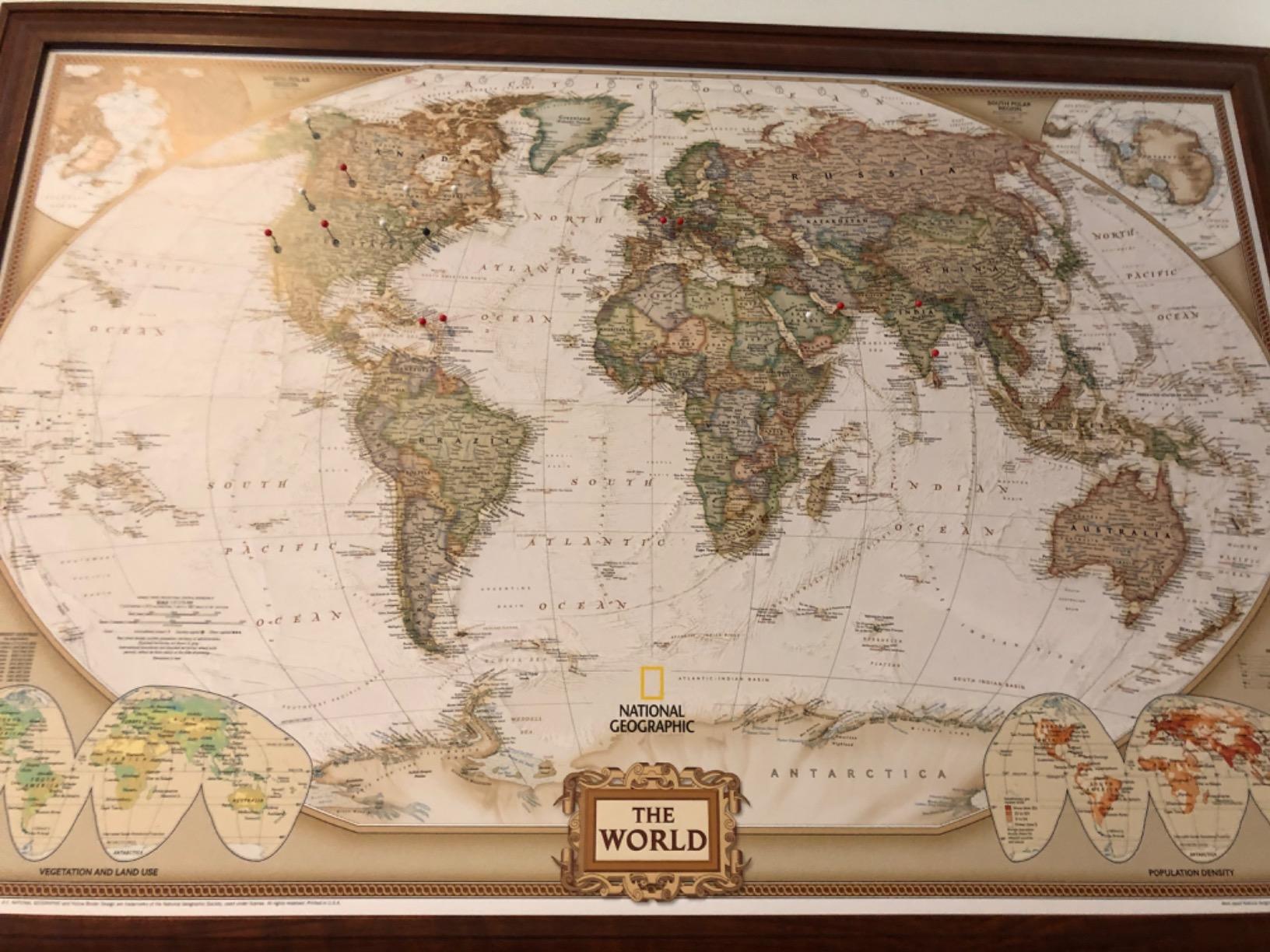 Executive World Map Canvas Poster with Pins - National Geographic Detailed Antique Style Canvas Travel Map - Large 24