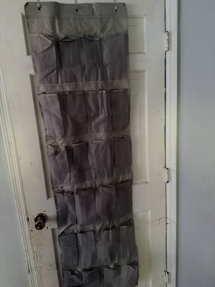 Amazon Basics 24 Medium Mesh Pocket Over-the-Door Hanging Shoe Organizer, Space Saving Shoe Storage, Light Grey customer photo 1
