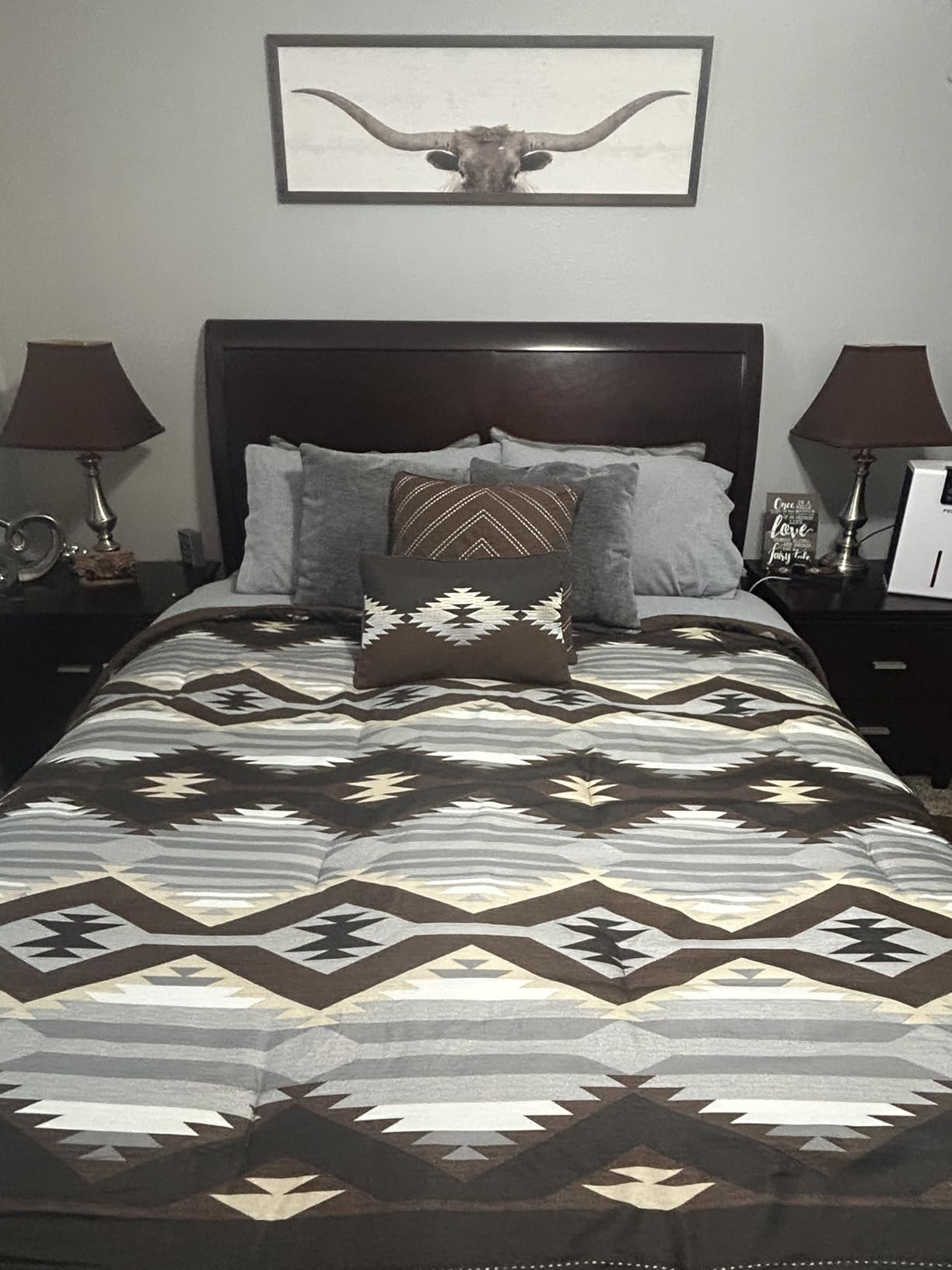 Woolrich Queen Comforter Set, Southwestern Aztec 8 Piece Bedding Set, Oversized All Season Down Alternative Comforter with Shams, Euro Shams, Decorative Pillows & Bedskirt, Rustic Cabin, Grey Brown customer photo 1