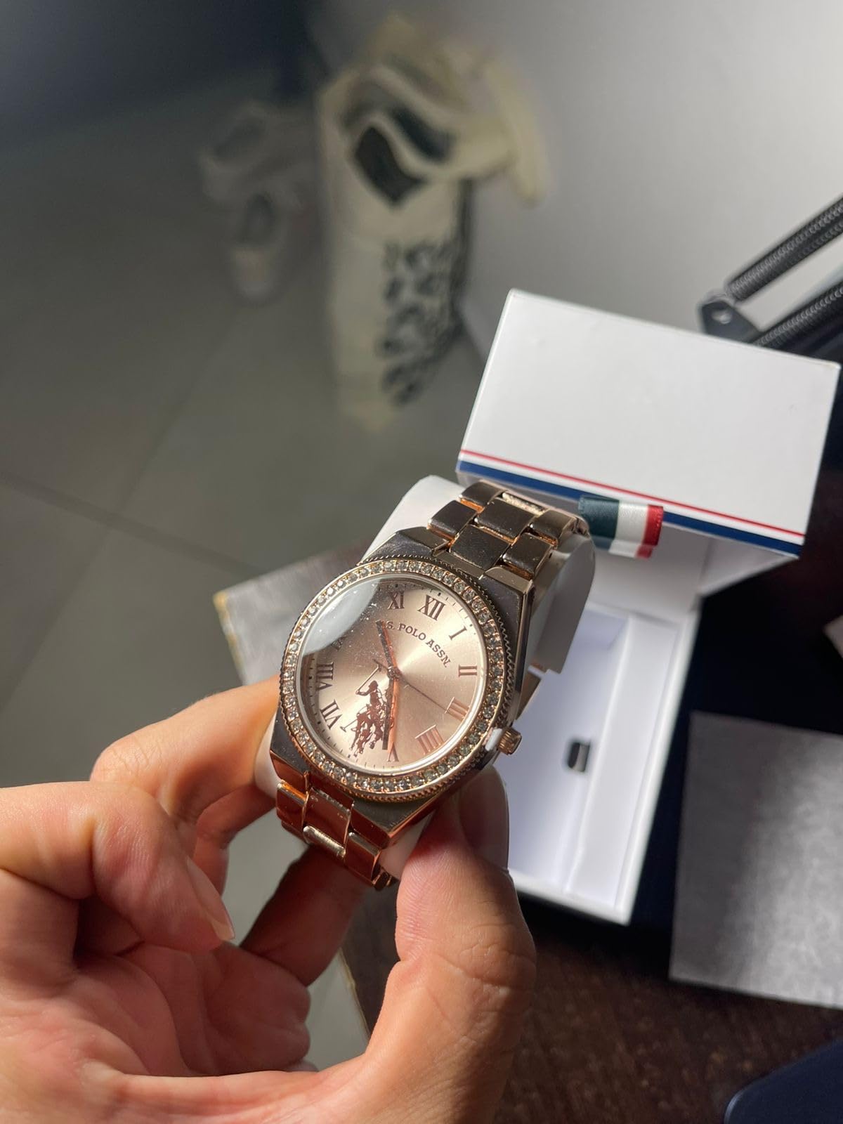 U.S. Polo Assn. Women's Rose Gold Watch with Roman Numerals and Crystal Bezel Accent - Elegant Analog Quartz Timepiece with Polished Link Bracelet customer photo 2