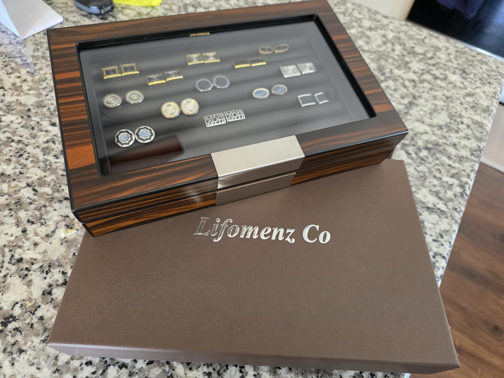 Lifomenz Co Men's Cufflink Box Organizer - Wooden Cufflink Display Case with Glass Window for 36-46 Pairs & Ring Storage - Ebony customer photo 2