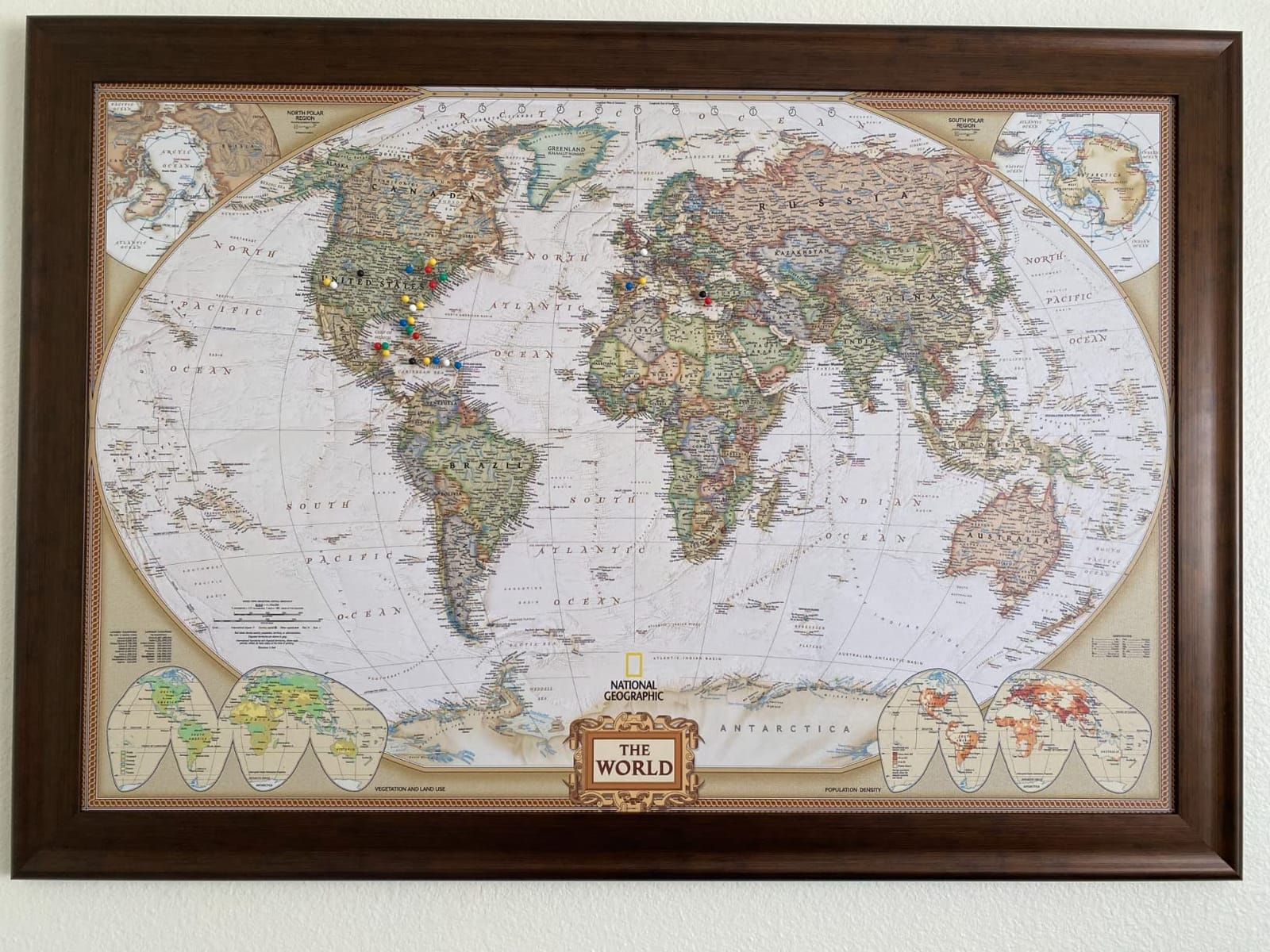 Renditions Gallery Colorful World Map Canvas Wall Art with Walnut Frame Wall Hanging Travel Map with Push Pins for Home, Office, Classroom customer photo 2