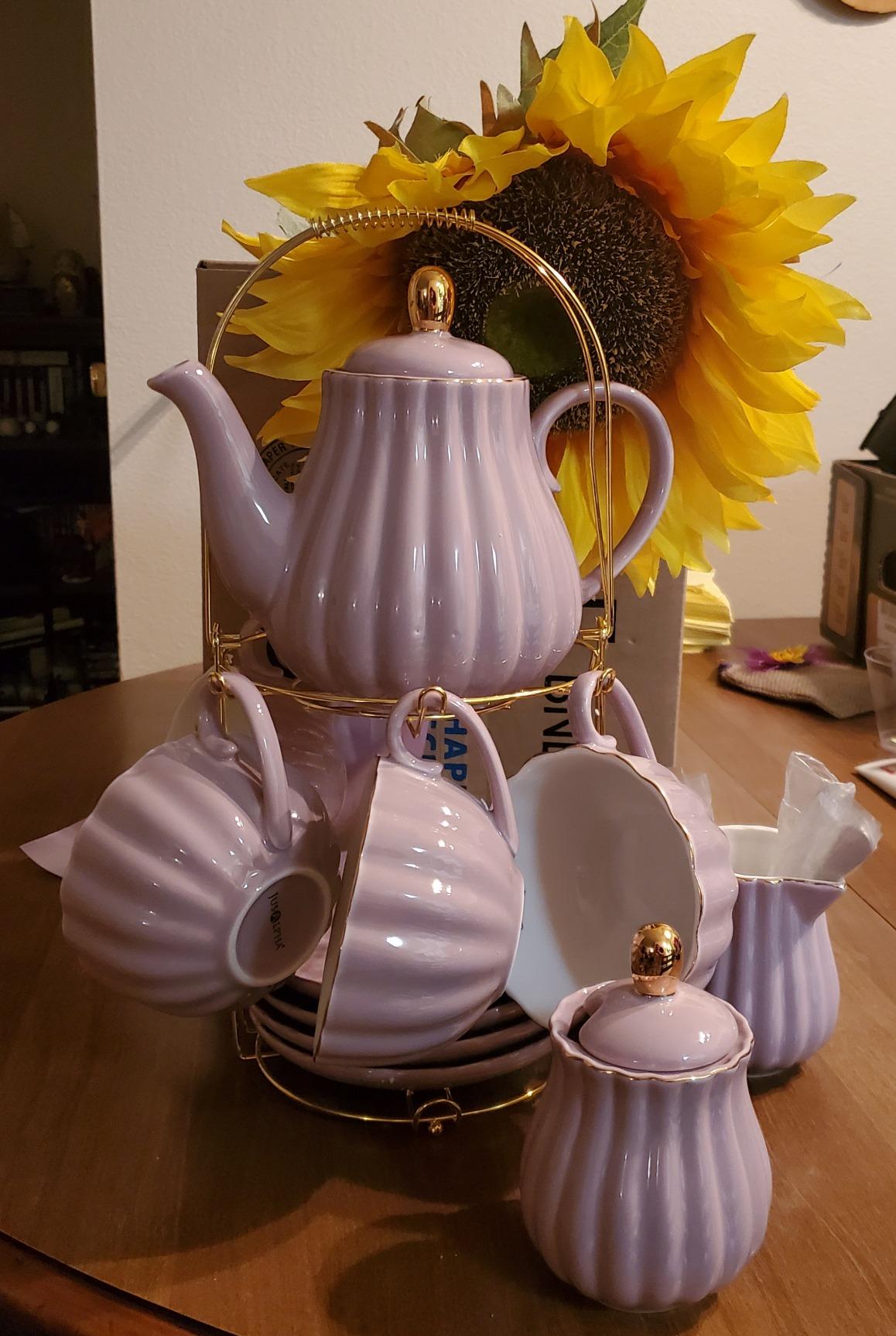Jusalpha Porcelain Tea Set - 8 OZ Coffee/Teacup, Saucer, Cup Holder, White | 17-Pieces, Serve of 4 - included Teapot, Creamer set, Spoons and Cup holder Stand customer photo 2