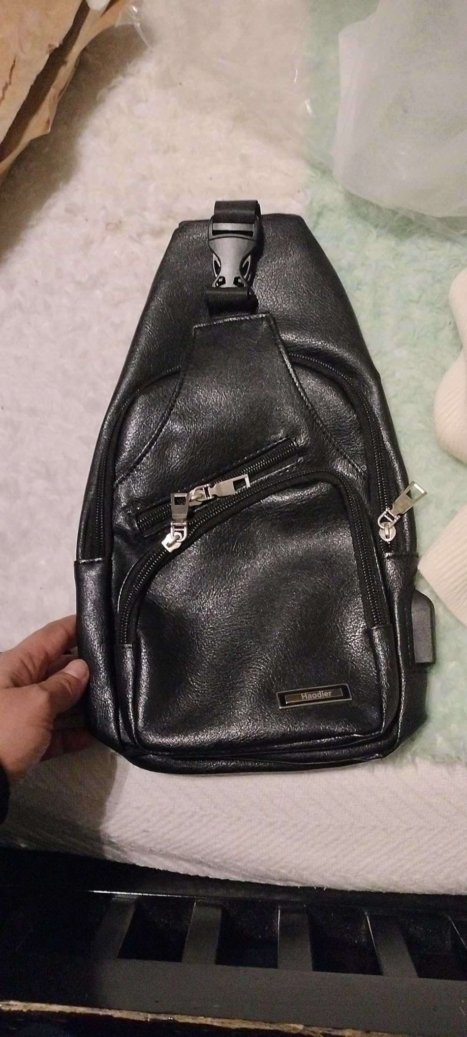 Peicees Leather Sling Bag Mens Crossbody Bag Chest Bag Sling Backpack for Men with USB Charge Port customer photo 2