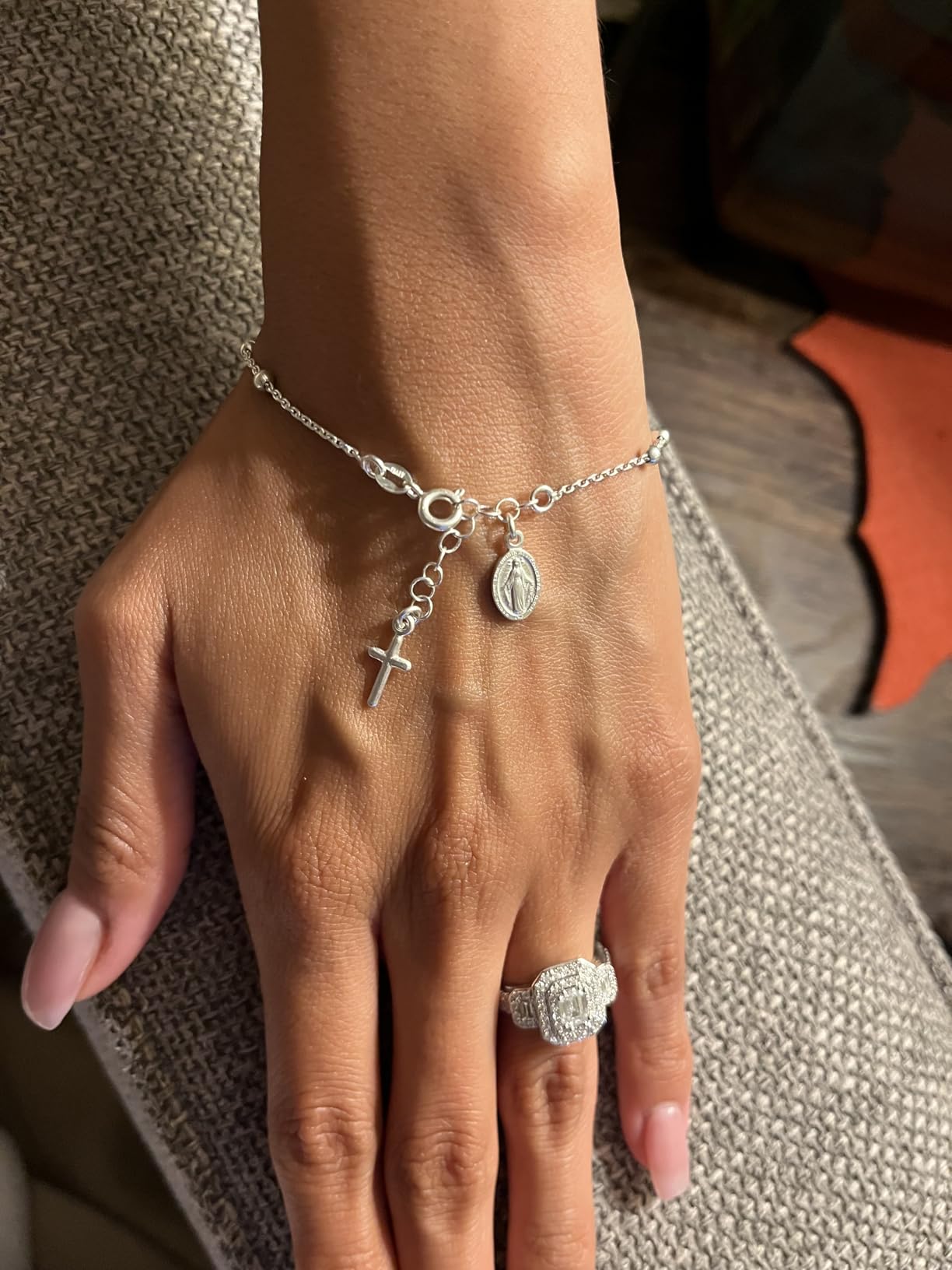 Italian 925 Sterling Silver Rosary Bead Chain Bracelet for Women - Adjustable Length, Cross Charm, Link Chain, Fine Jewelry, Made in Italy customer photo 1
