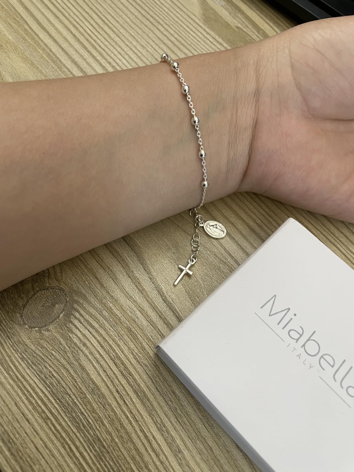 Italian 925 Sterling Silver Rosary Bead Chain Bracelet for Women - Adjustable Length, Cross Charm, Link Chain, Fine Jewelry, Made in Italy customer photo 2