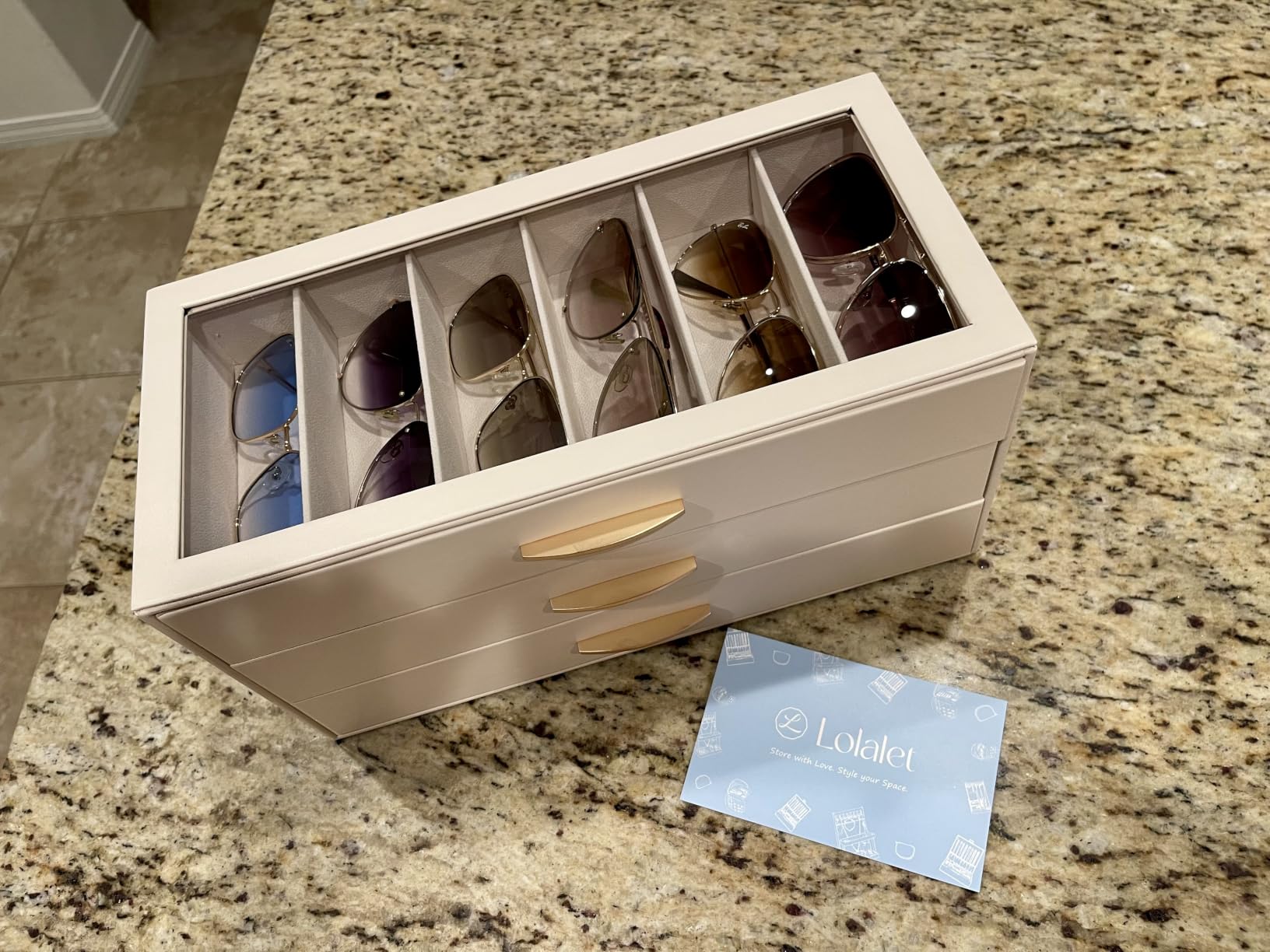 SONGMICS Jewelry Box Organizer, 3-Layer Storage with 2 Drawers, Glass Lid | Jewelry Organizer for Earrings, Modern Style, 8 x 9.1 x 5.3 Inches, Cloud White and Gold, GISELLA Collection UJBC239WT customer photo 2