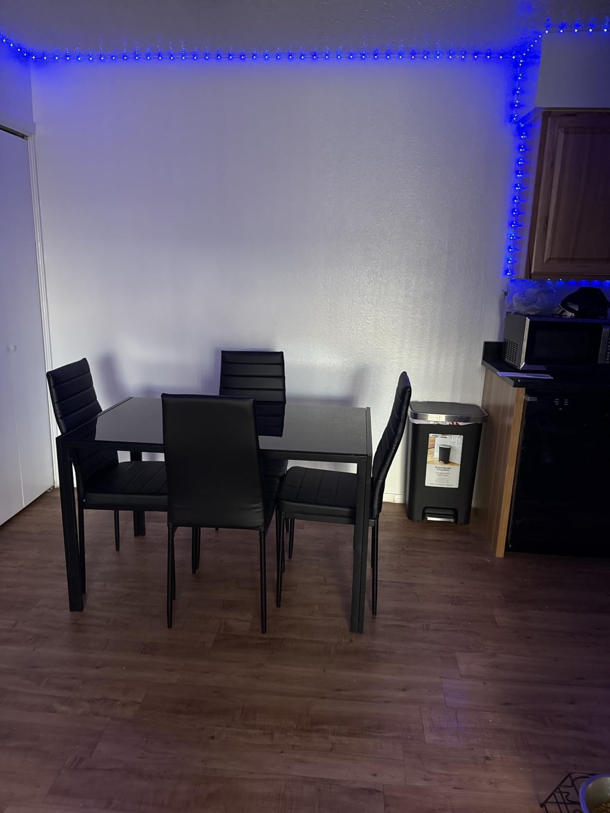 FDW 5-Piece Dining Table Set, Black | Glass Kitchen Table with 4 Upholstered Chairs and Faux Leather Cushions | Space-Saving Modern Design | Easy to Assemble | for Dining Room customer photo 1