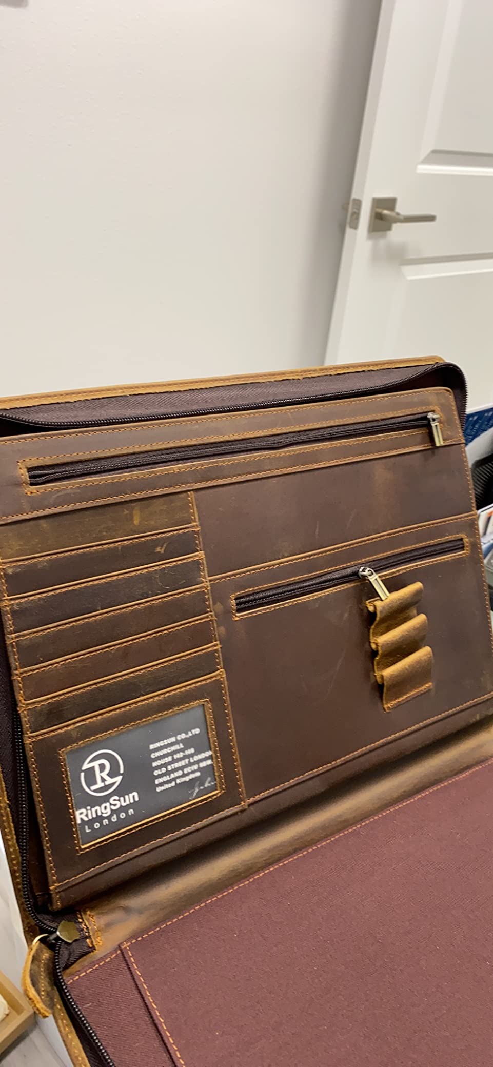 Ringsun Leather Portfolio Organizer with Zipper for Men Women, Leather Padfolio Business Resume Legal Pad Portfolio Notebook Binder for A4/Pad, Brown customer photo 1