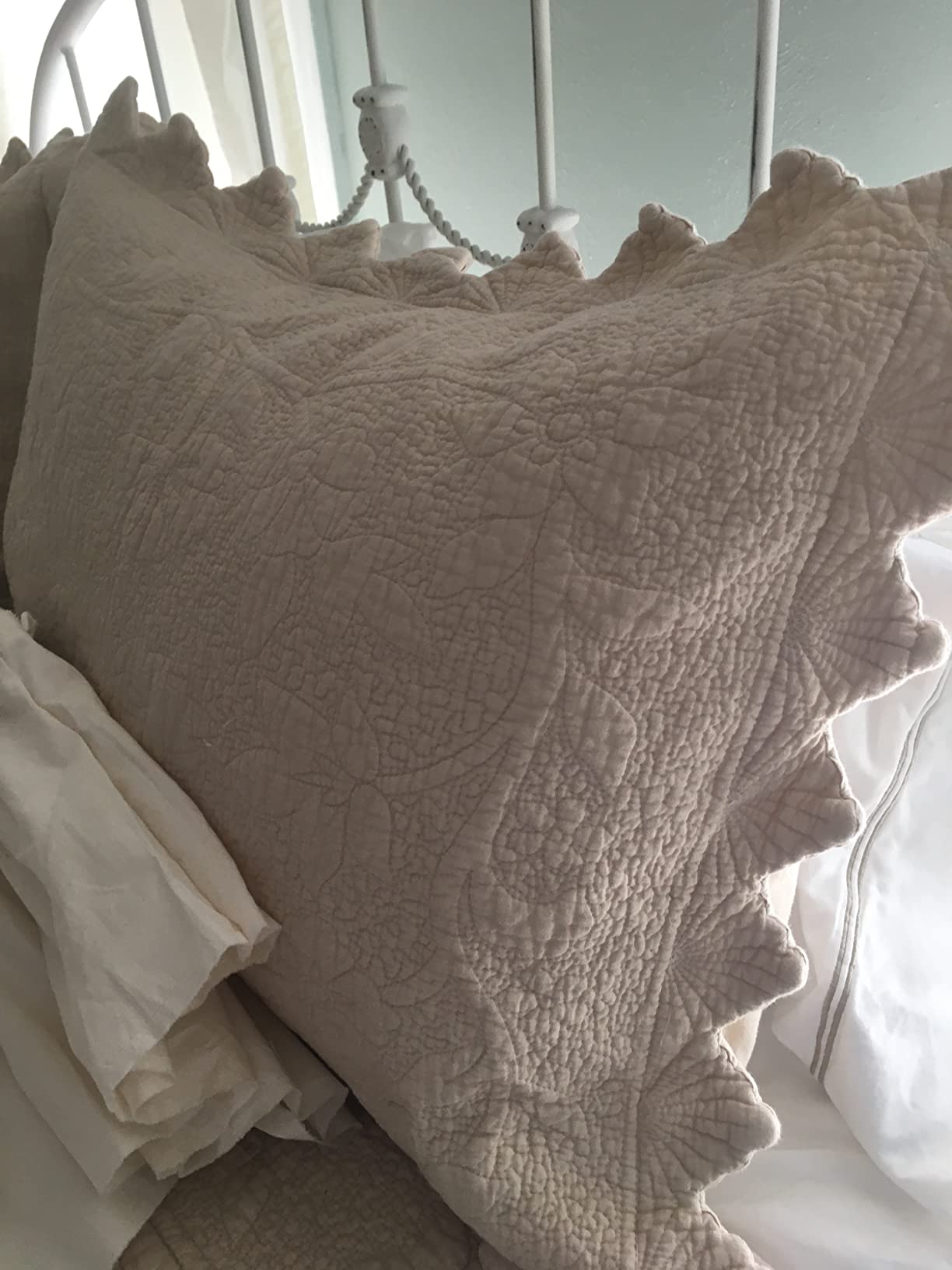 Brandream Beige Cotton Quilt Set Queen Scalloped Matelasse Coverlet 3PC | Vintage Floral Vine Stitching, Elegant Scalloped Edges, Comfortable for All Seasons, Cottage Farmhouse Style Quilt and Shams customer photo 2