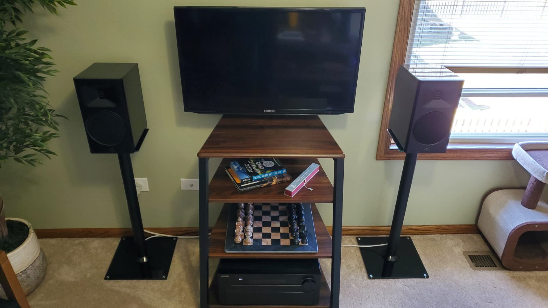 FITUEYES 4-Tier AV Media Stand Corner Shelf for Record Player HiFi, Walnut | Wooden Stereo Cabinet with Height Adjustable, Audio Rack Tower Wooden Shelves for Bedroom Living Room, Eiffel Series customer photo 2