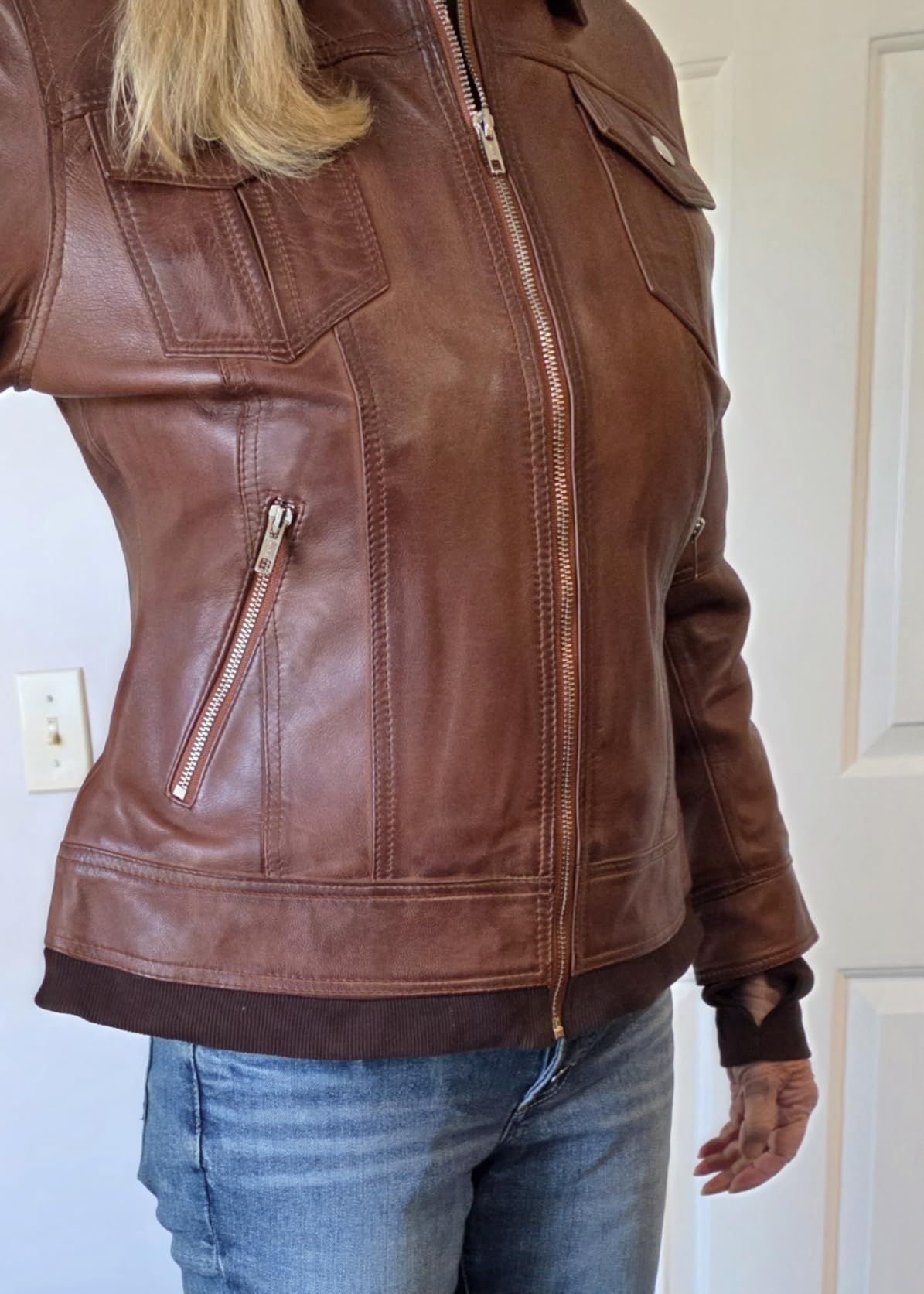 Detachable Hood Women's Leather Jacket - Real Lambskin Hooded Leather Bomber Jackets for Women, Regular Fit customer photo 2