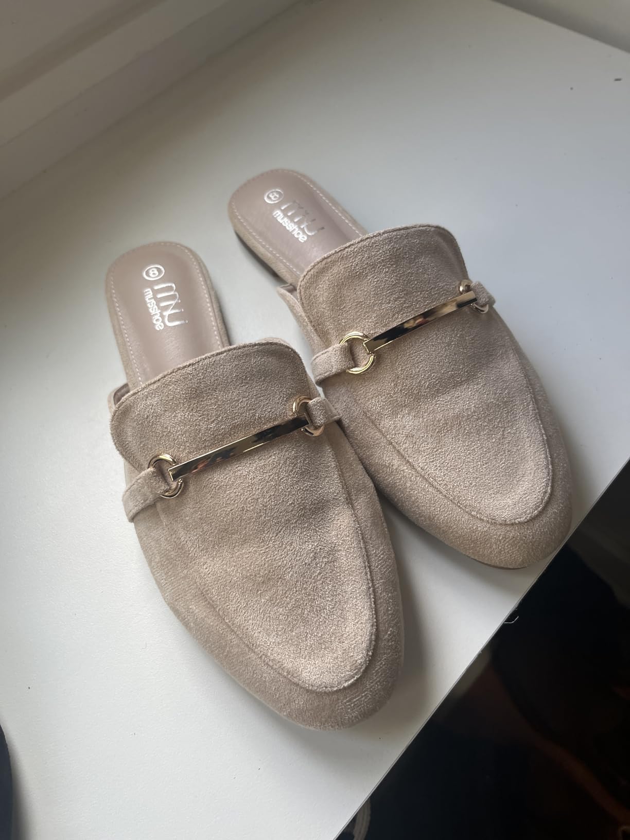 MUSSHOE Gold Buckle Mules for Women - Comfortable Memory Foam Loafers, Classy Slip On Flats for Office Business Casual, Dressy Pointed Toe Shoes customer photo 2