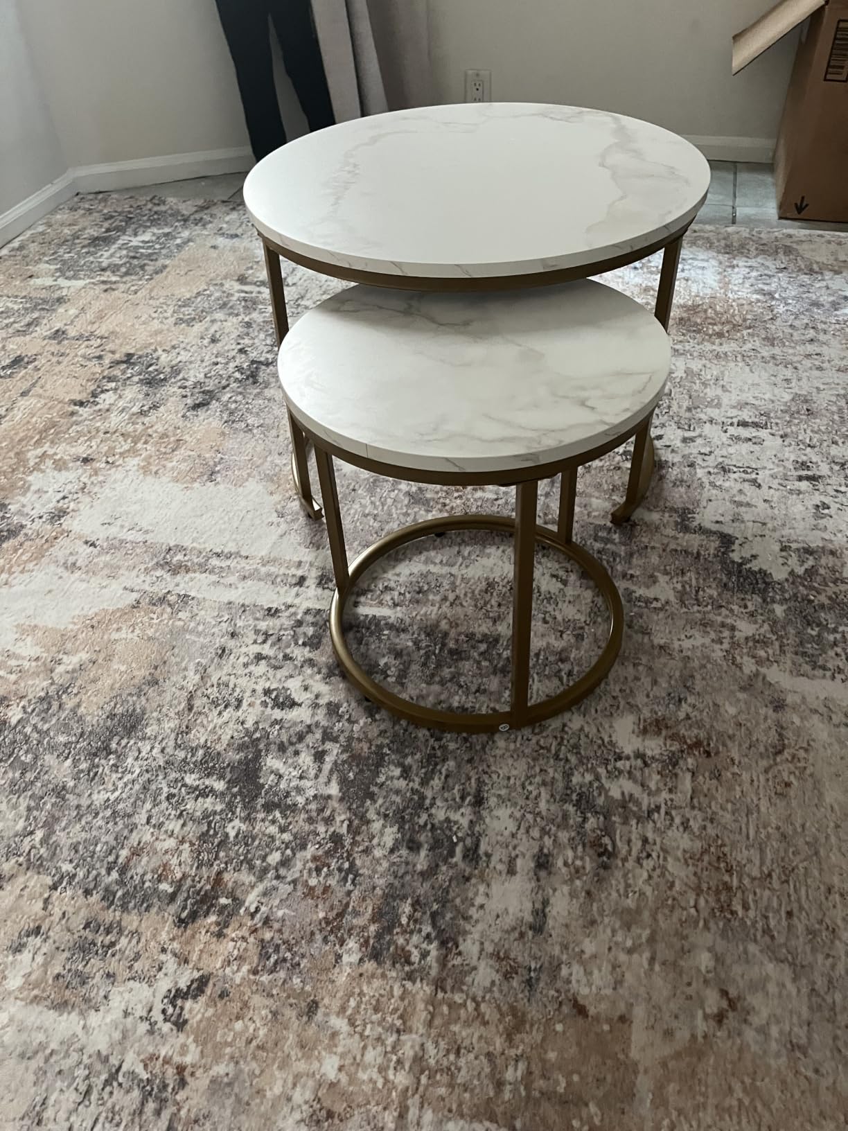 aboxoo Coffee Table Nesting White Set of 2 Side Set Golden Frame Circular Round and Marble Pattern Wooden Tables customer photo 1