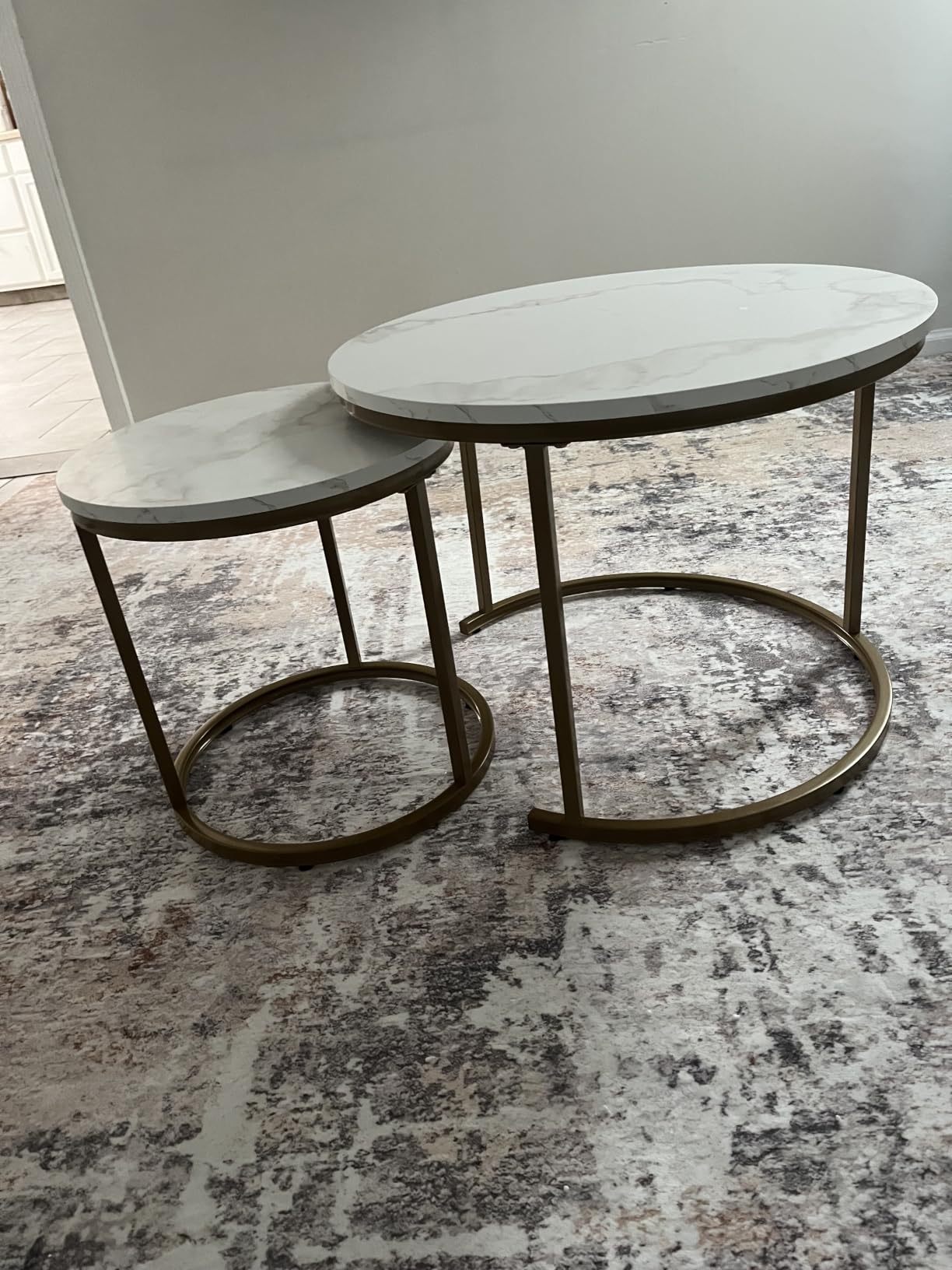 aboxoo Coffee Table Nesting White Set of 2 Side Set Golden Frame Circular Round and Marble Pattern Wooden Tables customer photo 2