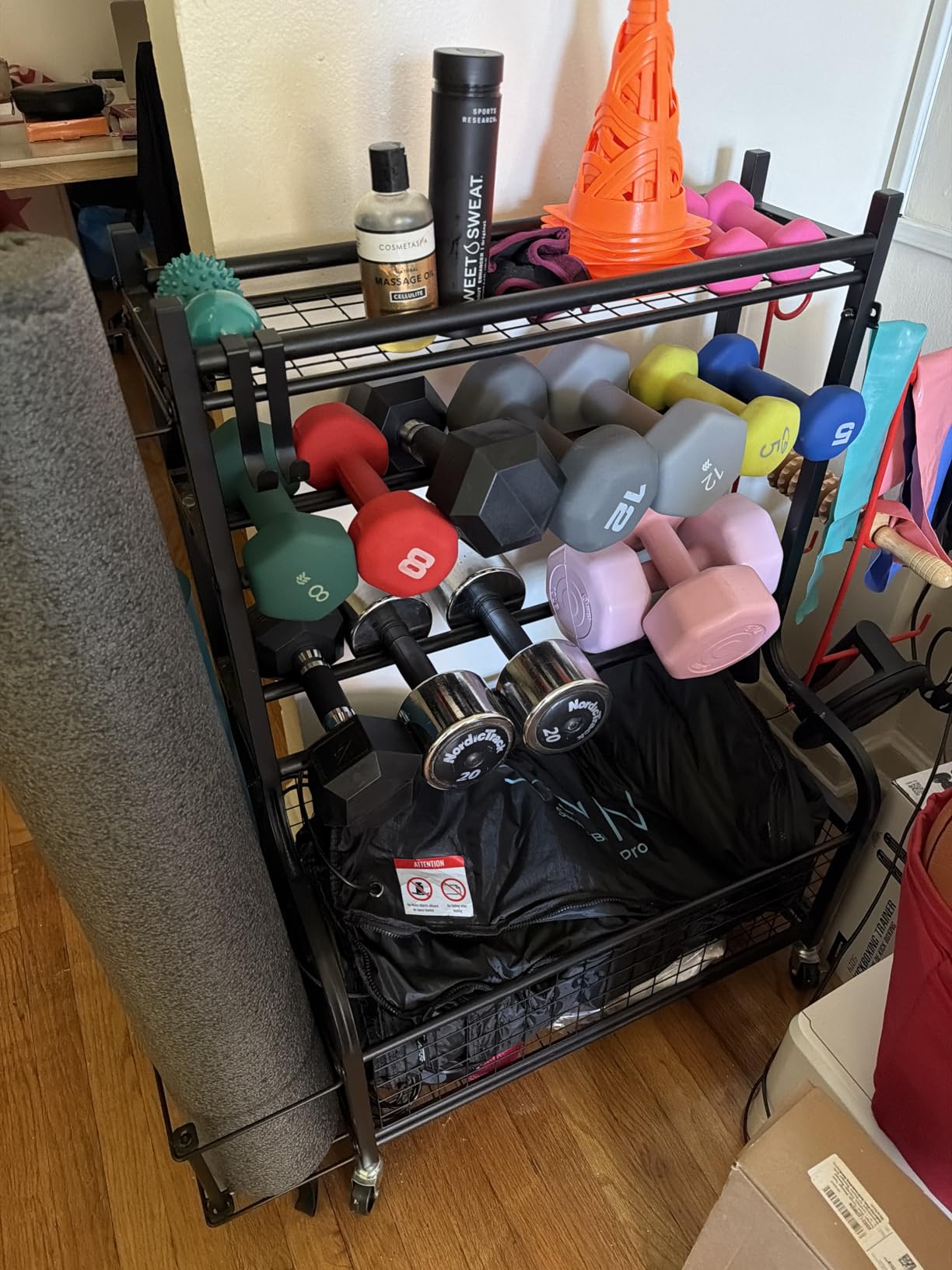 PLKOW Dumbbell Rack, Weight Rack for Dumbbells, Home Gym Storage for Dumbbells Kettlebells Yoga Mat and Balls, All in One Workout Storage with Wheels and Hooks, Powder Coated Finish Steel customer photo 1