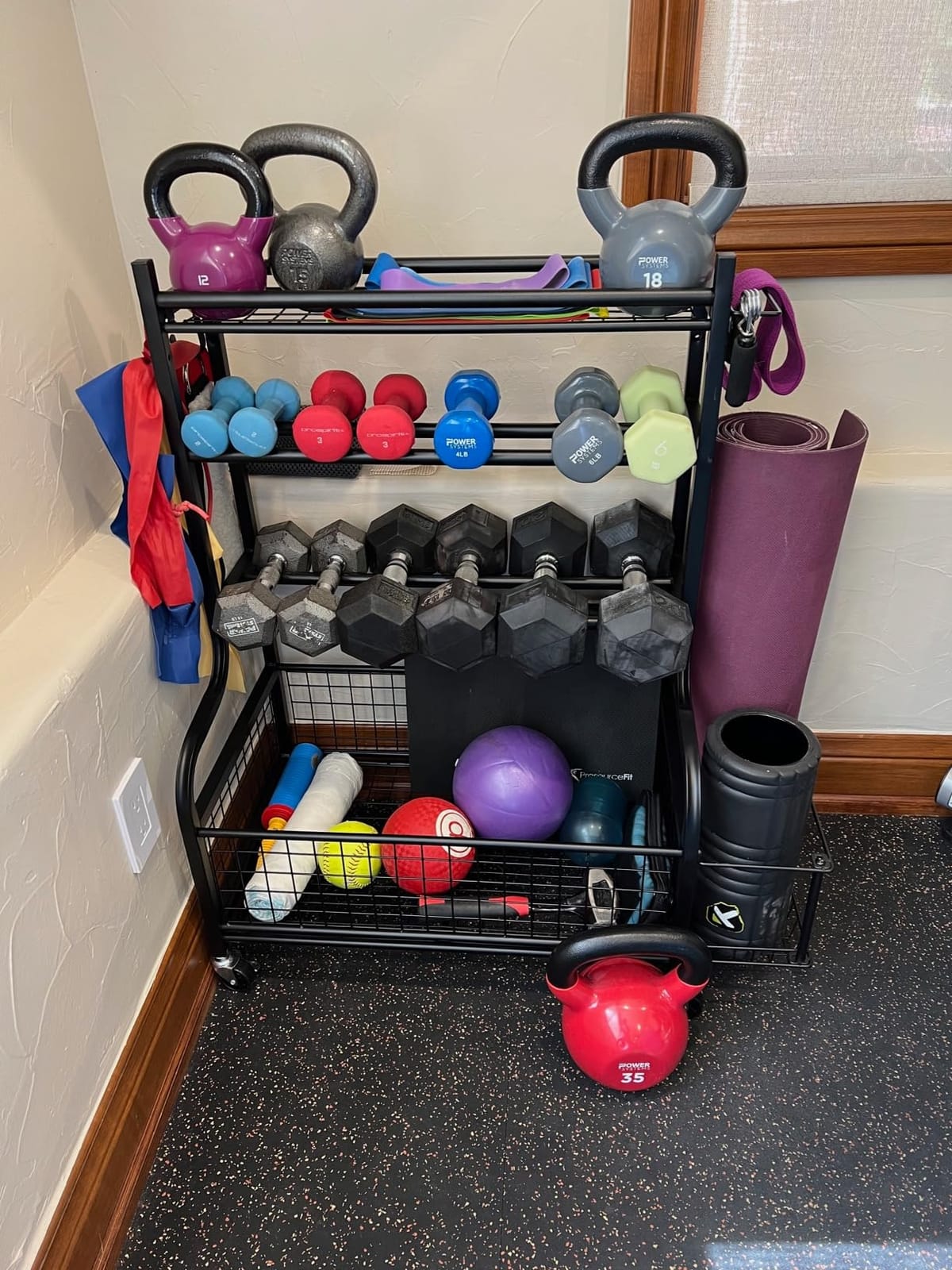 PLKOW Dumbbell Rack, Weight Rack for Dumbbells, Home Gym Storage for Dumbbells Kettlebells Yoga Mat and Balls, All in One Workout Storage with Wheels and Hooks, Powder Coated Finish Steel customer photo 2