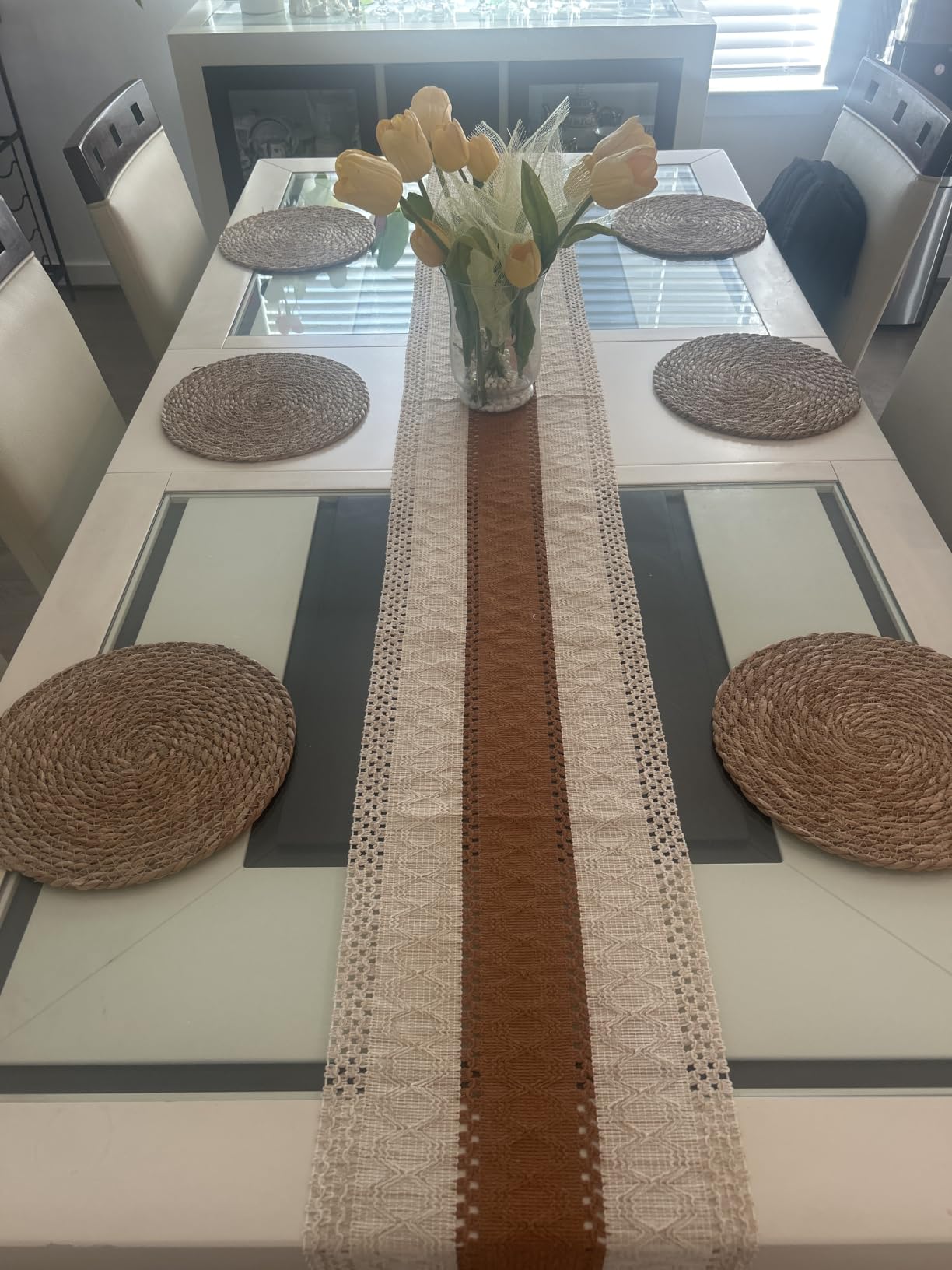 FEXIA Boho Table Runner for Fall Home Decor 12x72 Rustic with Tassels | 72 Inches Long Farmhouse Kitchen Dining Room Macrame Burlap Coffee Table Decoration Dresser Runner Pottery Barn Furniture customer photo 2