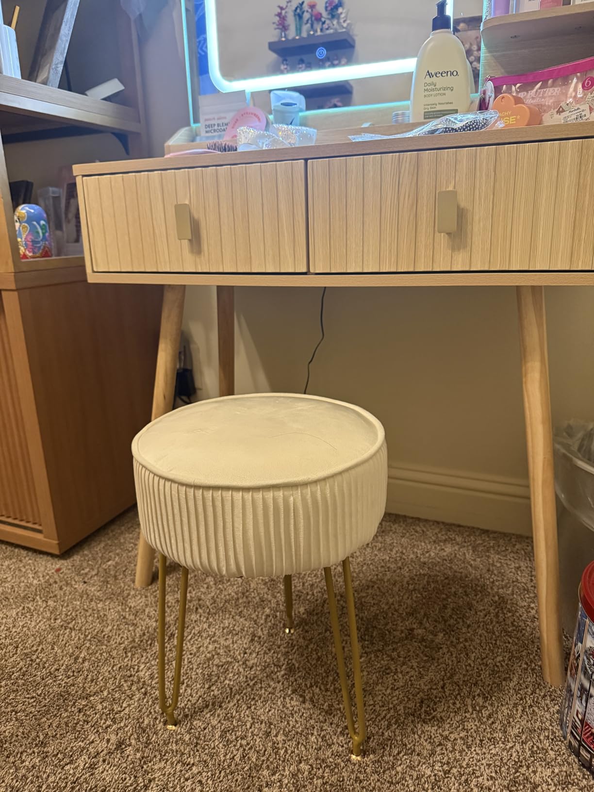 IBUYKE Makeup Vanity Stool, Velvet Round Footrest Ottoman, White LG-30M | Dressing Table Seat Pouf Couch chair Golden Steel Legs customer photo 1