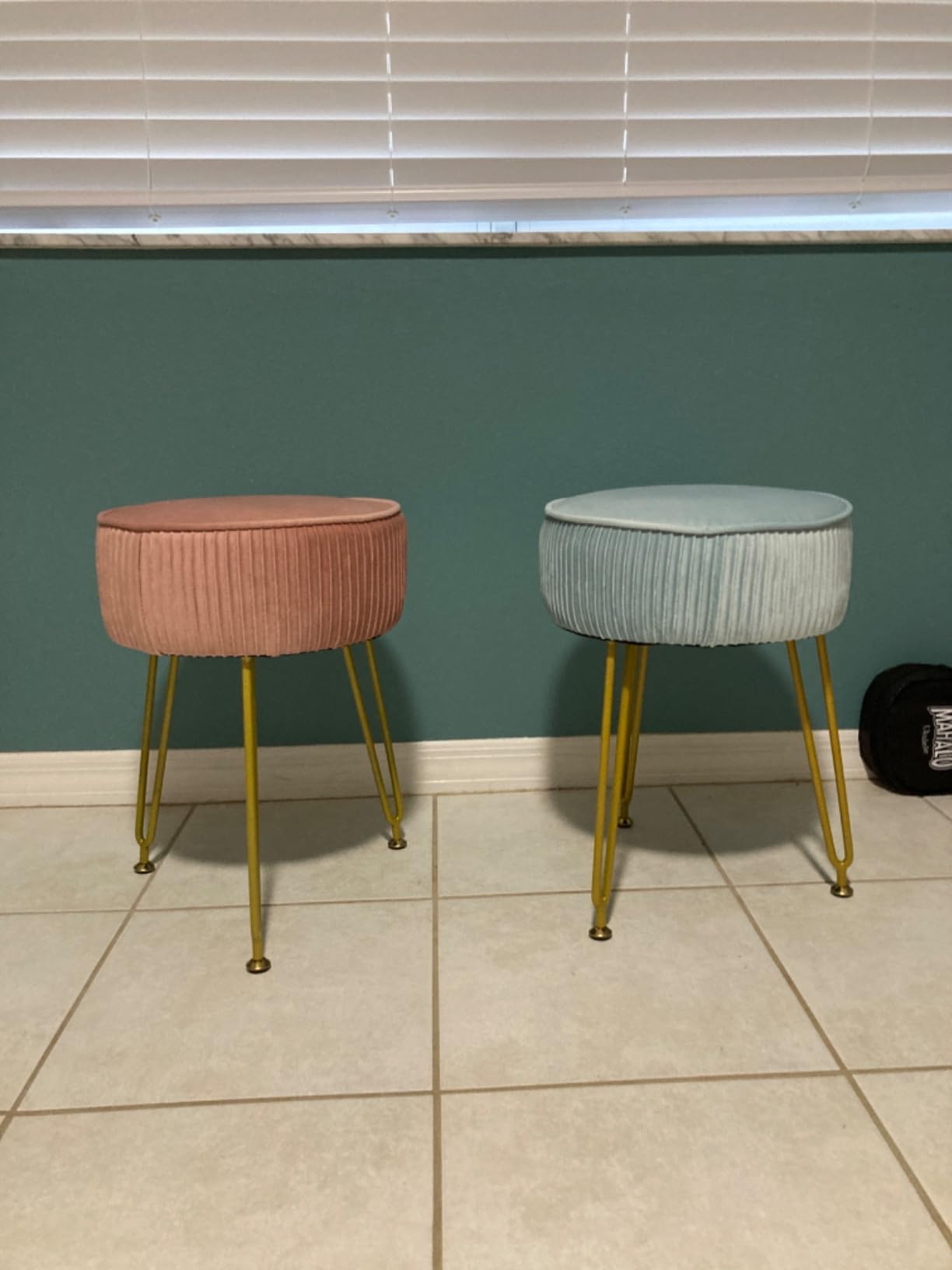 IBUYKE Makeup Vanity Stool, Velvet Round Footrest Ottoman, White LG-30M | Dressing Table Seat Pouf Couch chair Golden Steel Legs customer photo 2
