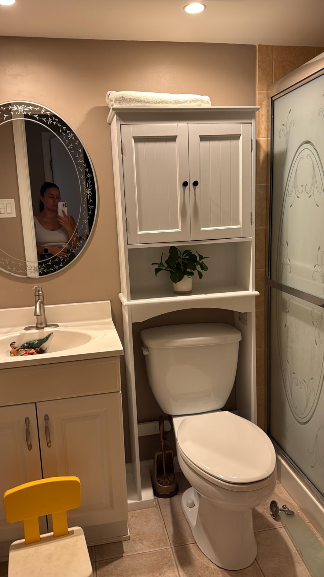 Gizoon Over the Toilet Storage Cabinet with Adjustable Shelf, White | Bathroom Space Saver Organizer Above Toilet with Open Shelf and Double Doors, Taller Wooden Free Standing Toilet Rack customer photo 2