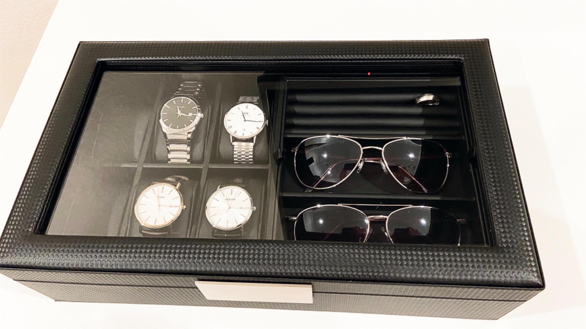 Glenor Co Valet Jewelry Box for Men - Holds 4 Watches, 12 Cufflinks, 2 Sunglasses & Tray Storage - Mens Watch Case - Carbon Fiber Organizer w/Metal Accents, PU Leather & Large Glass Lid - Black customer photo 2