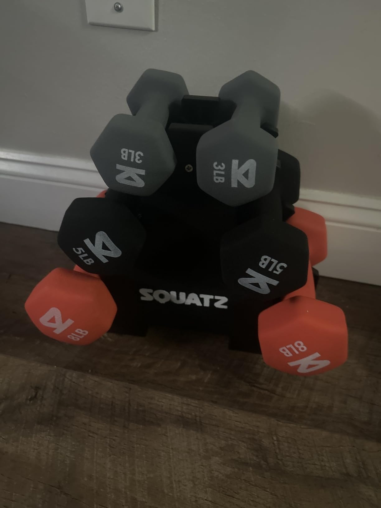 SQUATZ Dumbbell Weights Set with Stand, 32lbs Neoprene Coated Weights in Color Gray, Black, and Orange, Hex Shape Anti Slip and Roll Dumbbells for Exercise, Training, Fitness, Yoga customer photo 2