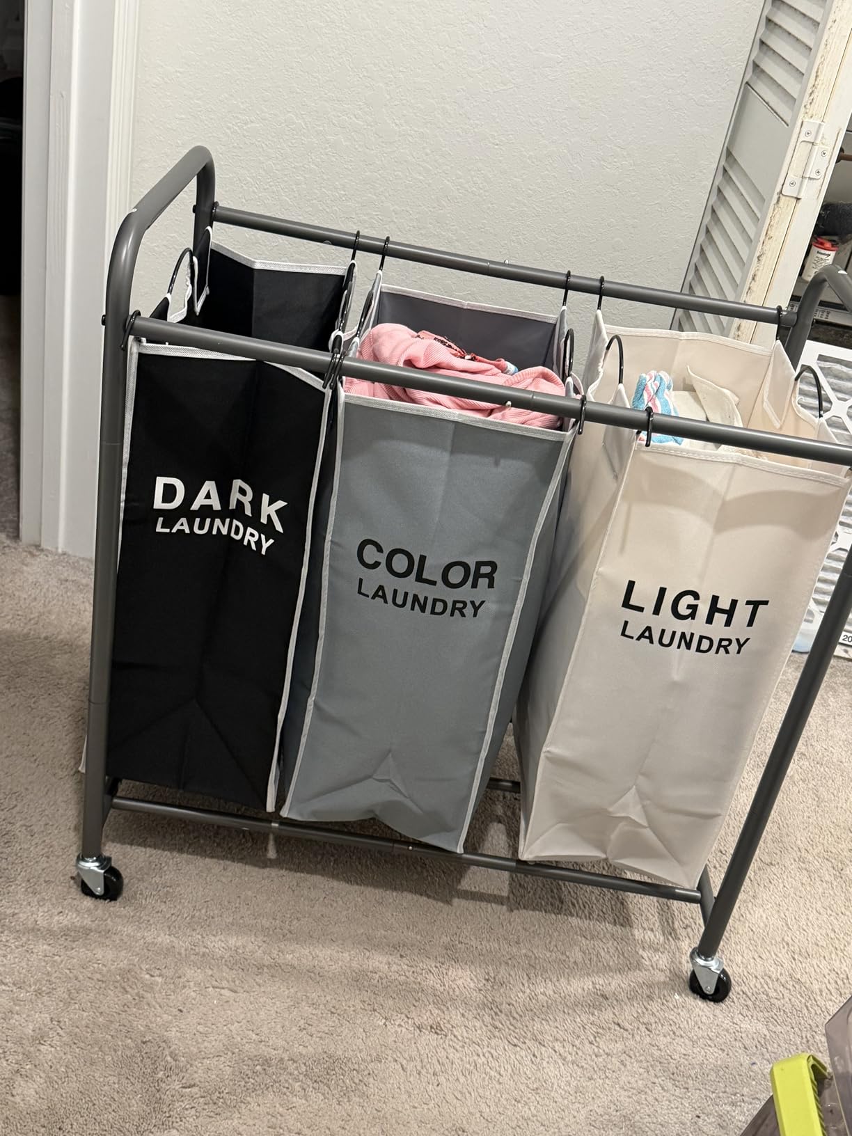 ROMOON Laundry Sorter Hamper 3 Section, Divided Laundry Basket Organizer | Rolling Clothes Hamper with Heavy Duty Lockable Wheels and Removable Bags for Apartment, Dorm & Family, 135L, Multicolor customer photo 1