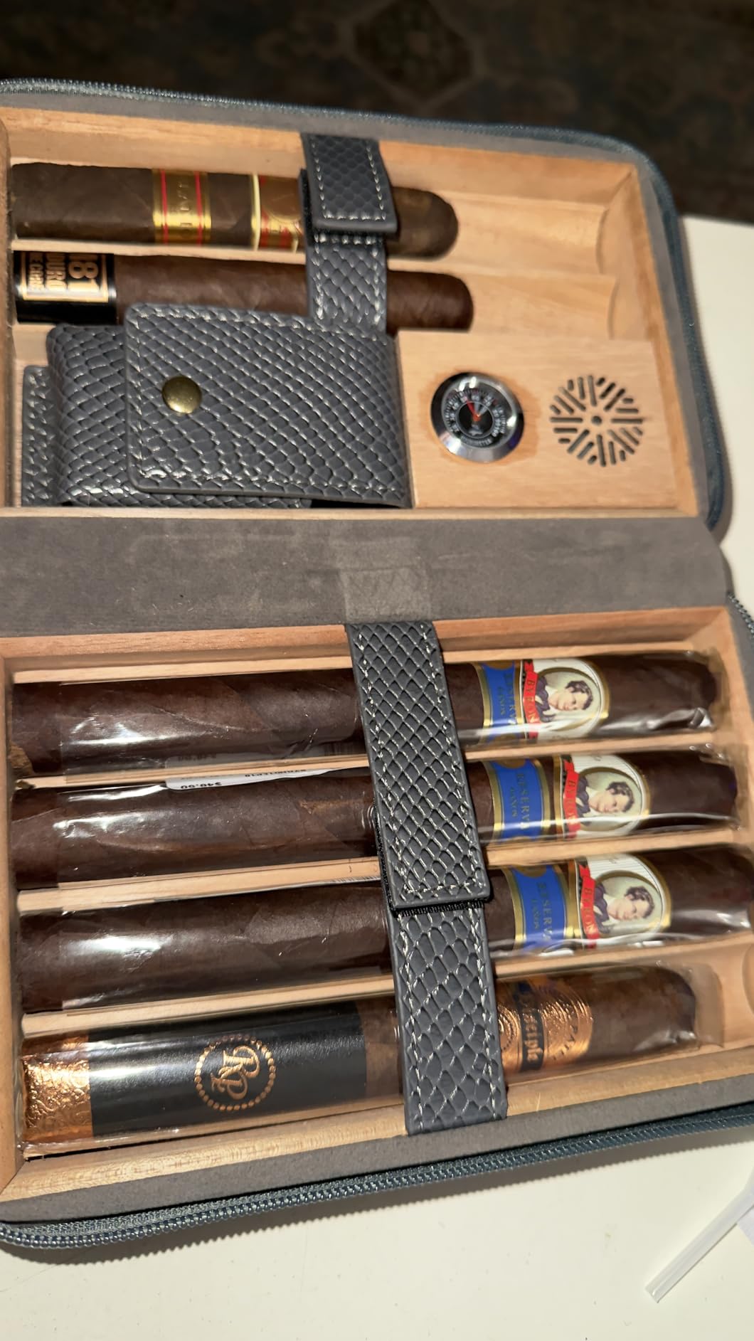 TISFA Cigar Humidor, Leather Cedar Wood Cigar Case with Cigar Lighter, V Cut Cigar Cutter, Cigar Holder 3 in 1, Portable Travel Cigar Humidor Box with Humidifier (Brown) customer photo 1