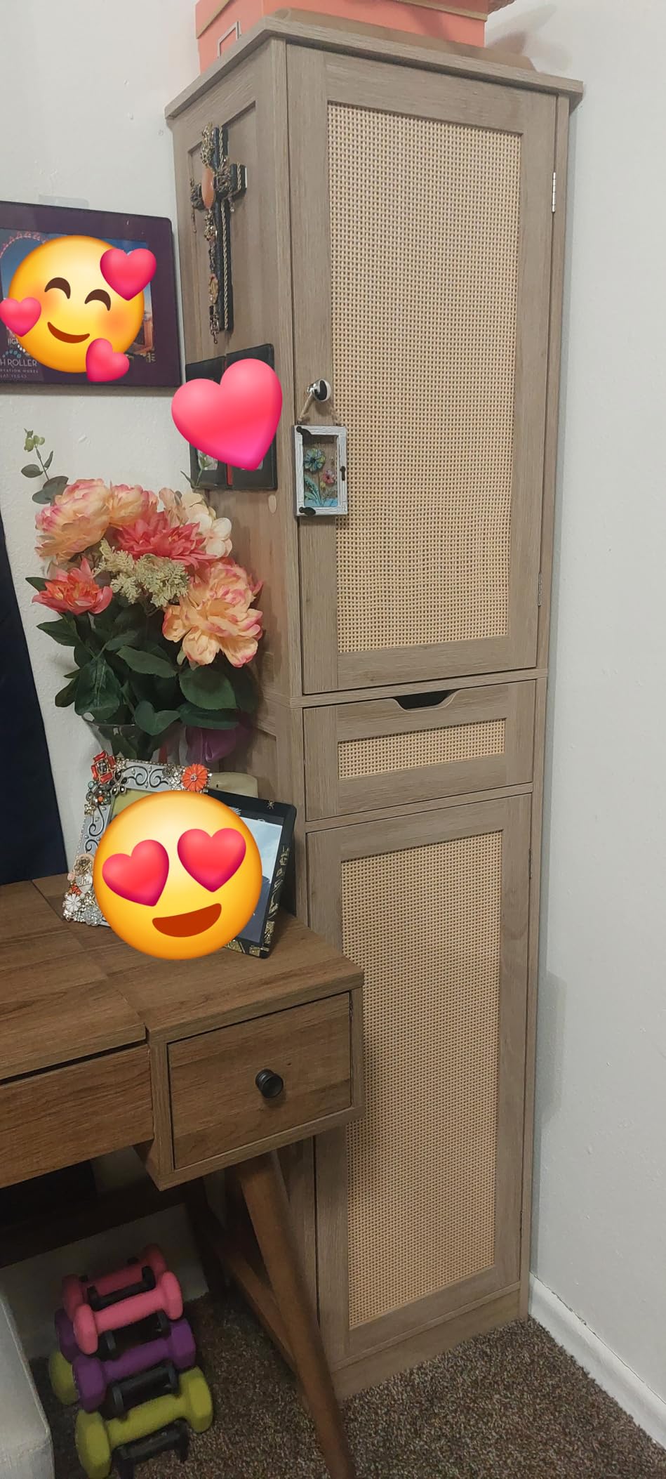 Iwell Tall Narrow Storage Cabinet with Doors, Rattan Cabinet with Adjustable Shelves, Freestanding Linen Storage for Living Room, Entryway, Kitchen, Bathroom, Natural customer photo 2