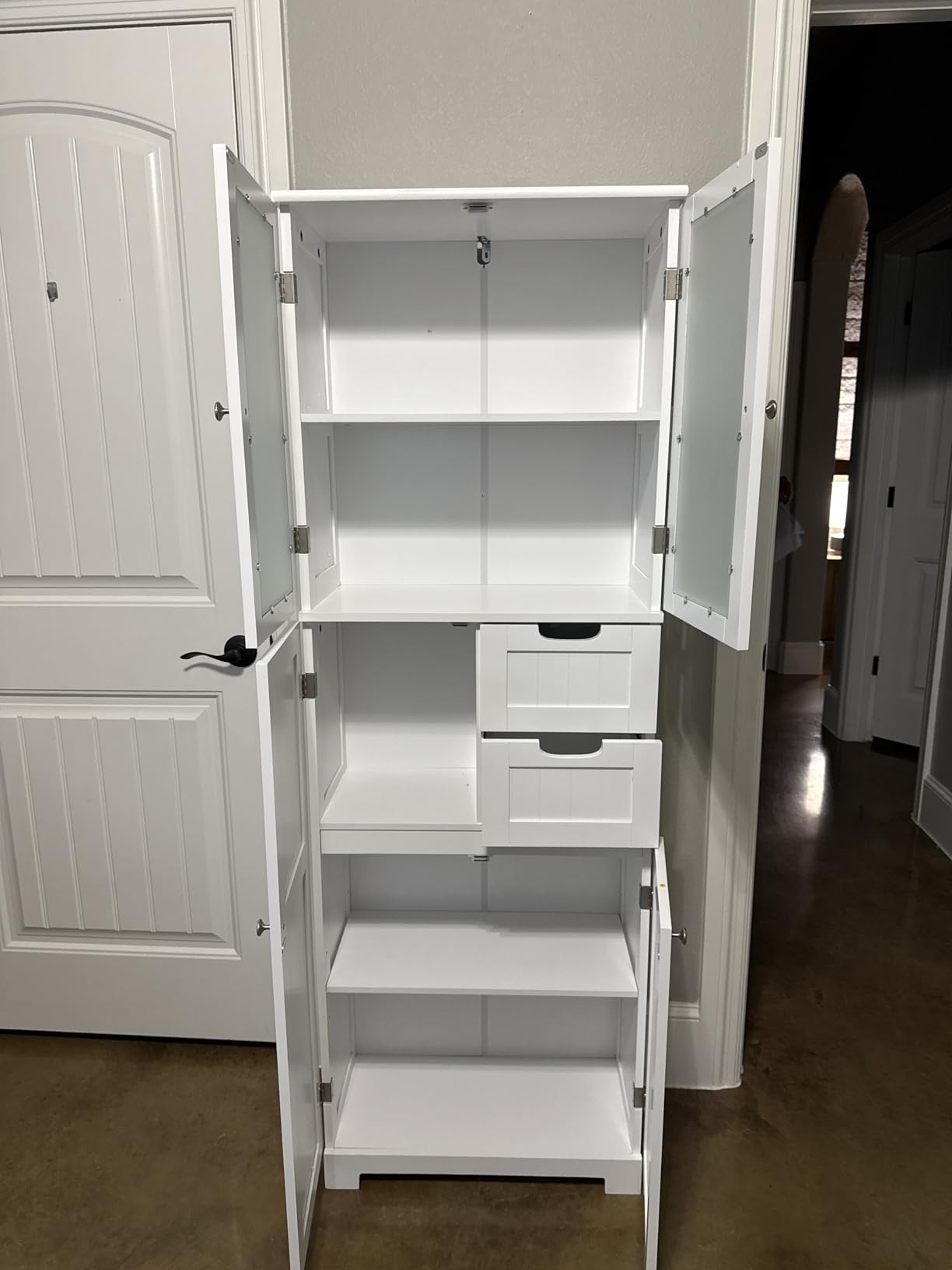 BOTLOG 67'' Tall Bathroom Storage Cabinet, Linen Cabinet with Glass Doors and Adjustable Shelves, Kitchen Pantry with 2 Drawers for Bathroom, Living Room, Dining Room, White customer photo 2