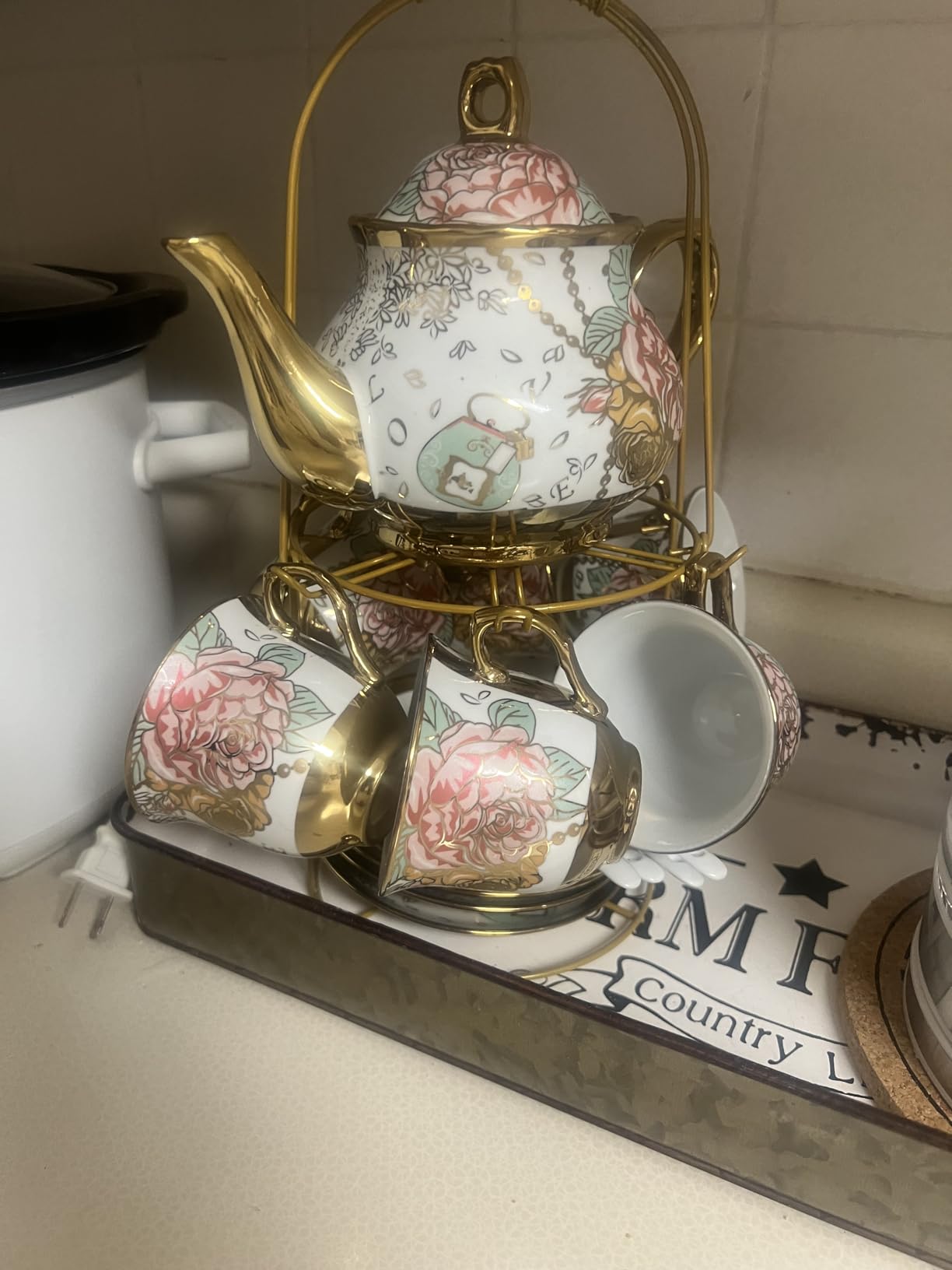 Zhehao 20 Pcs Porcelain Tea Set for Adult, with Metal Holder, Fresh | European Ceramic Tea Party Set for Women, Floral English Teapot Cups Saucers Spoons, Vintage Tea Set Gift, Large Version customer photo 1