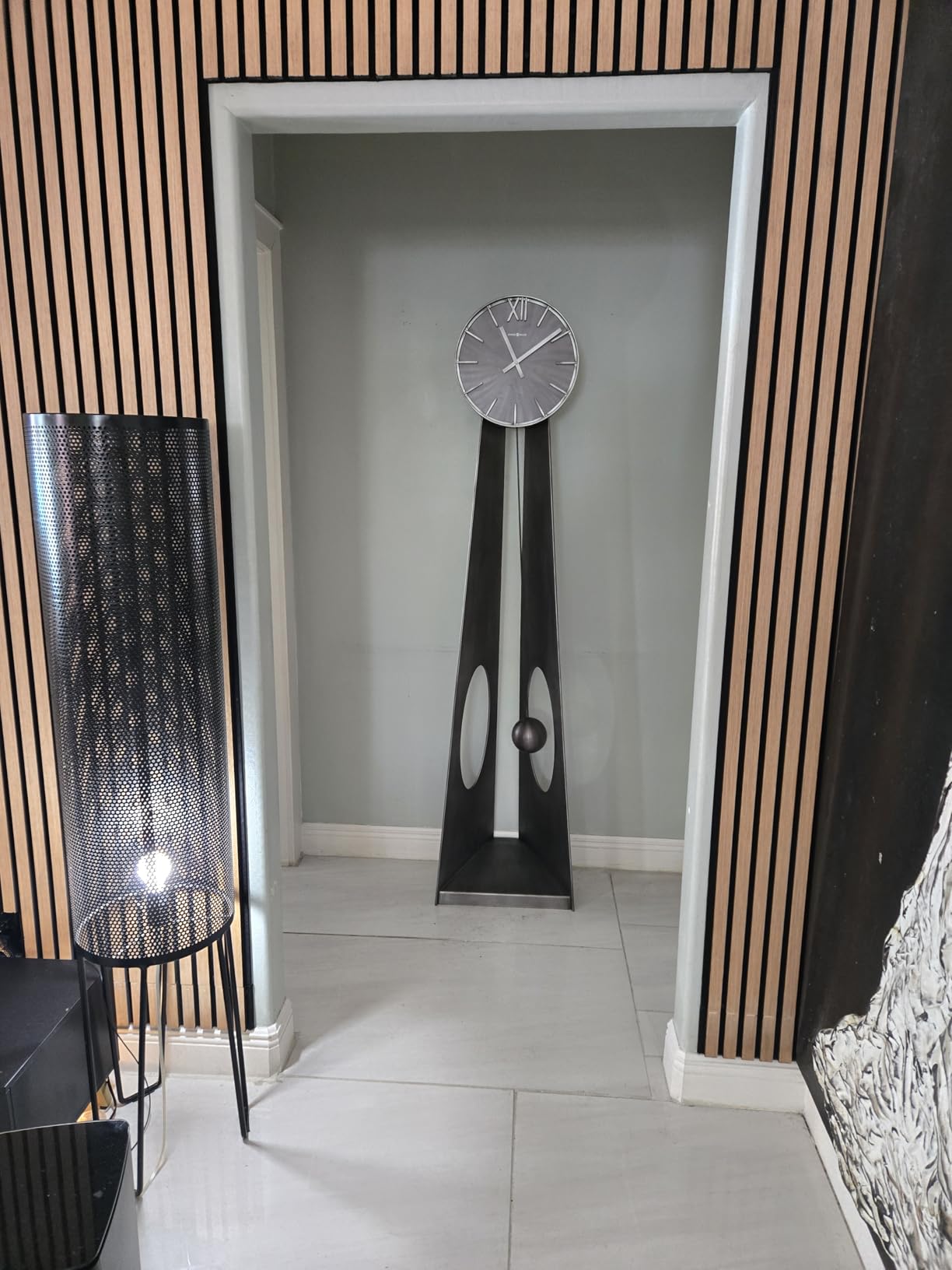 Howard Miller Smith Floor Clock II 549-118 - Aged Silver Finish Machined Metal Frame, Vertical Home Décor, Charcoal Black Finish Ball Pendulum, Quartz Movement customer photo 1