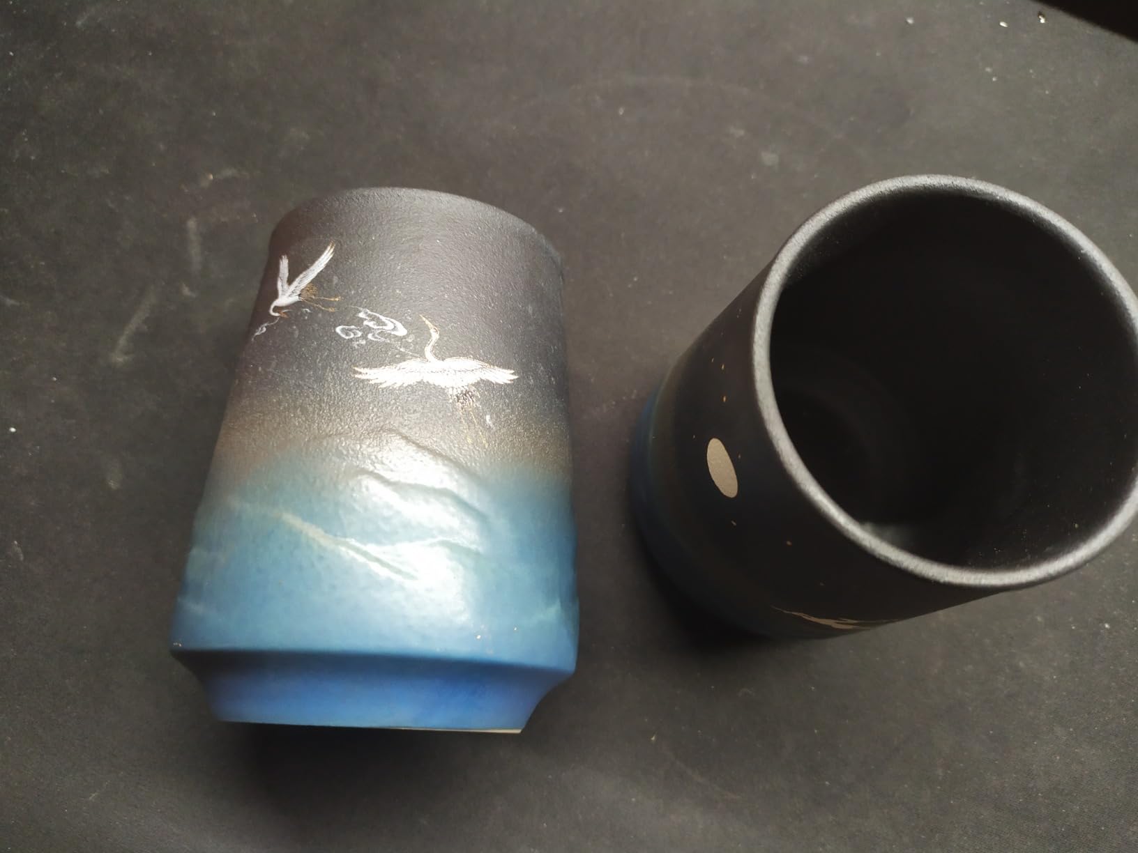 Pottery Couple Coffee Cups Set of 2, Crane & Deer Pattern, 10 oz | Japanese Style, Gradient Blue Matte Glaze, No Handles, for Tea & Coffee, Home Decor Wedding Gift customer photo 1