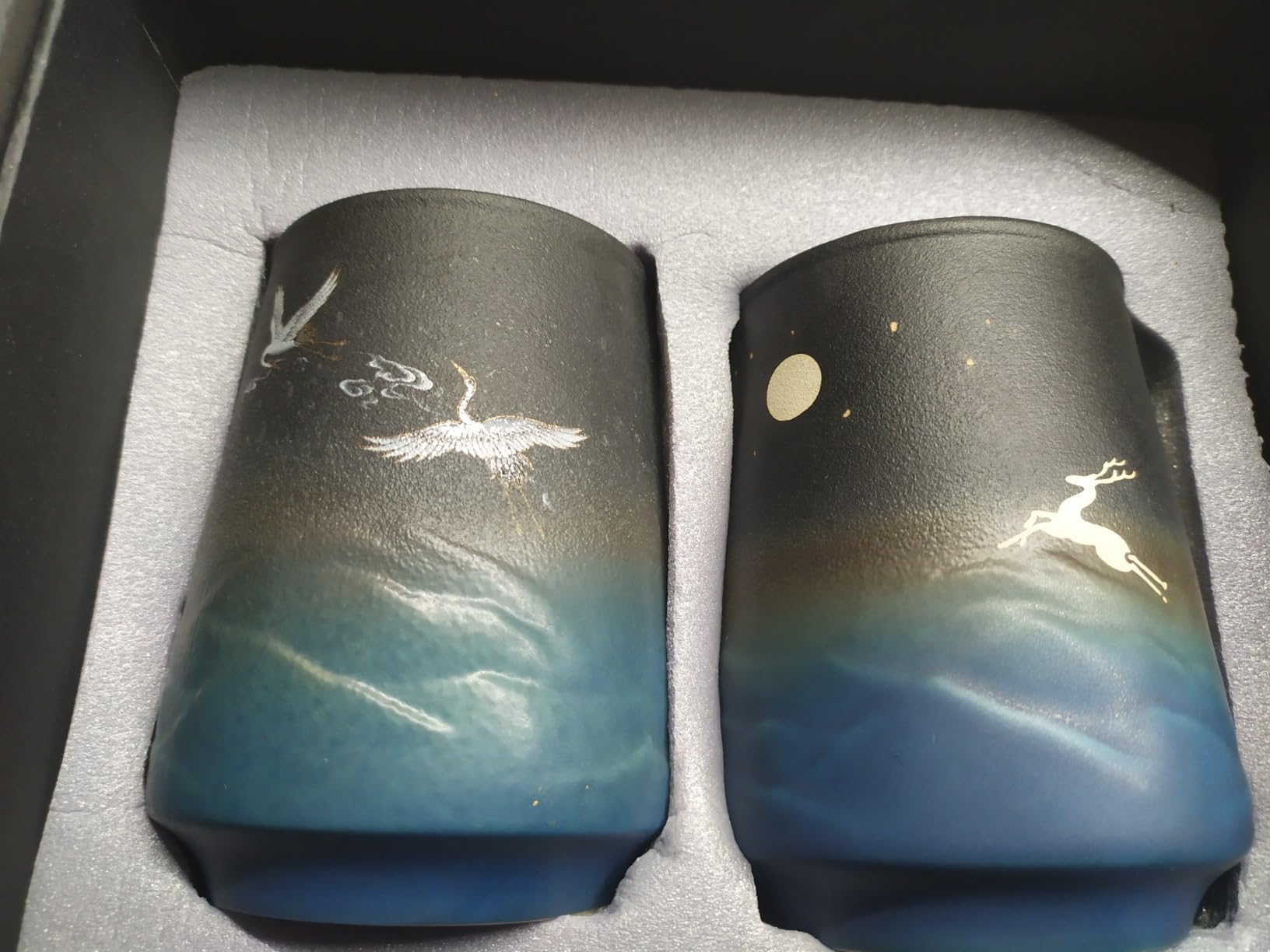 Pottery Couple Coffee Cups Set of 2, Crane & Deer Pattern, 10 oz | Japanese Style, Gradient Blue Matte Glaze, No Handles, for Tea & Coffee, Home Decor Wedding Gift customer photo 2