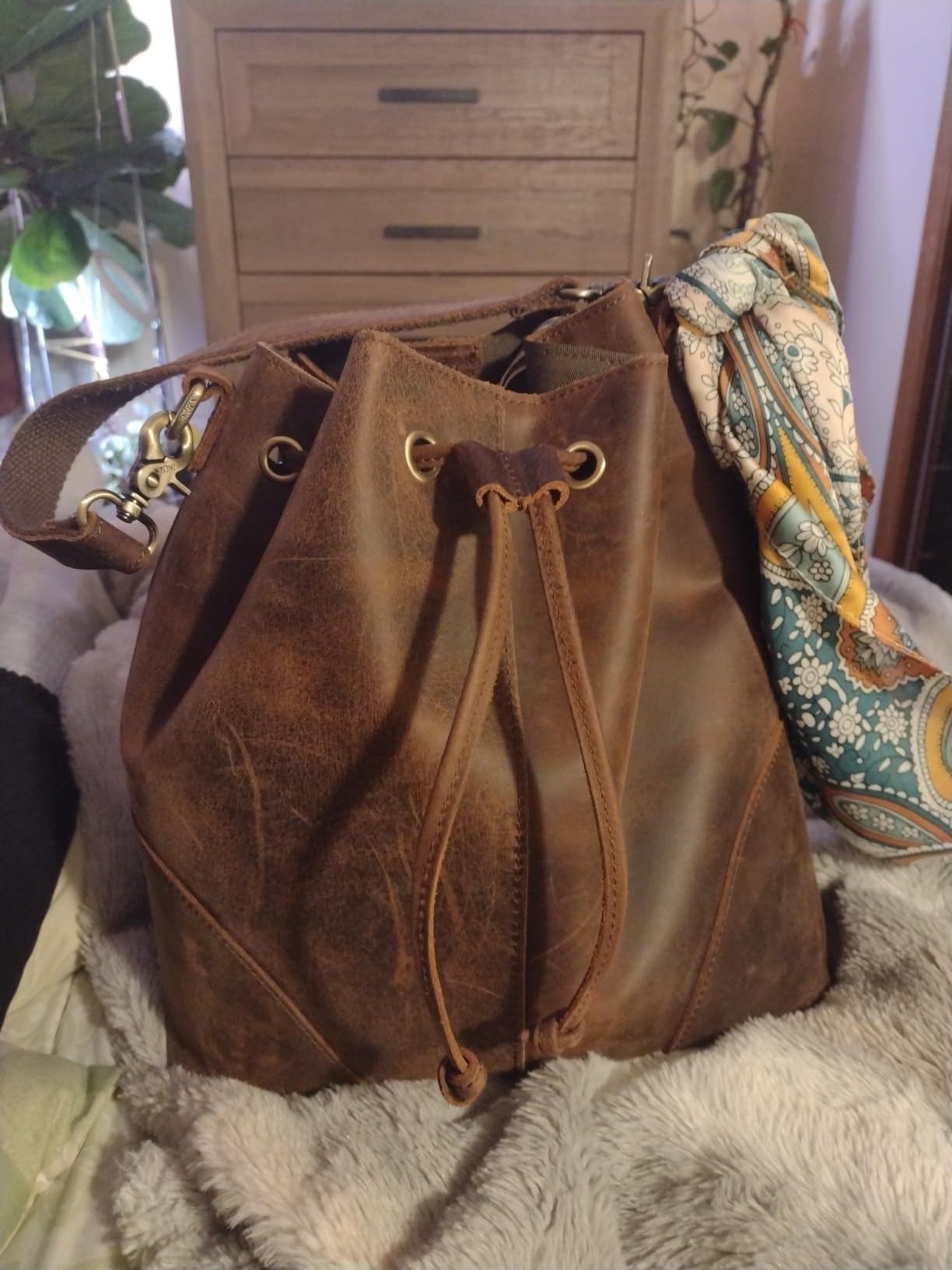 S-ZONE Genuine Leather Purses for Women Crossbody Drawstring with 2 Straps customer photo 2