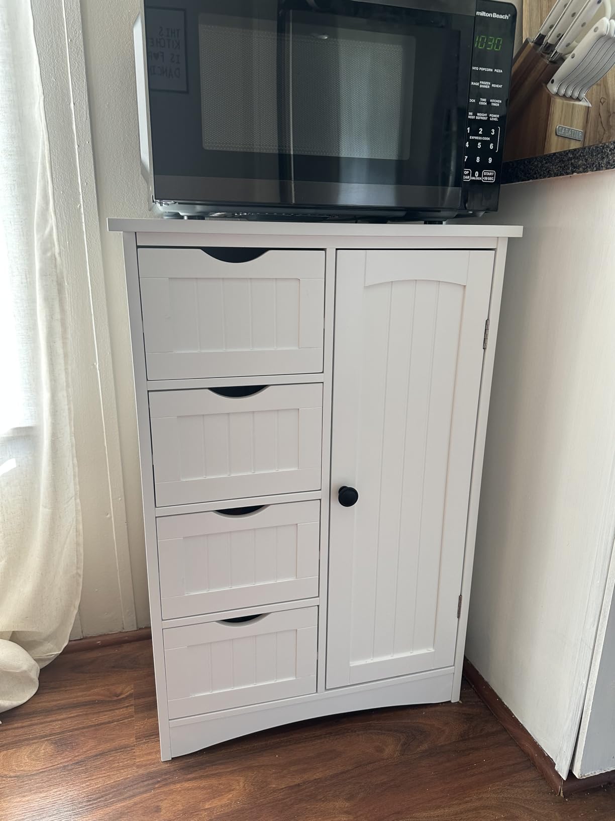 JupiterForce Wooden Bathroom Floor Storage Cabinet, Freestanding Storage Cabinet with 4 Drawers and 1 Door Entryway Storage Organizer Unit for Bathroom, Living Room, White customer photo 1