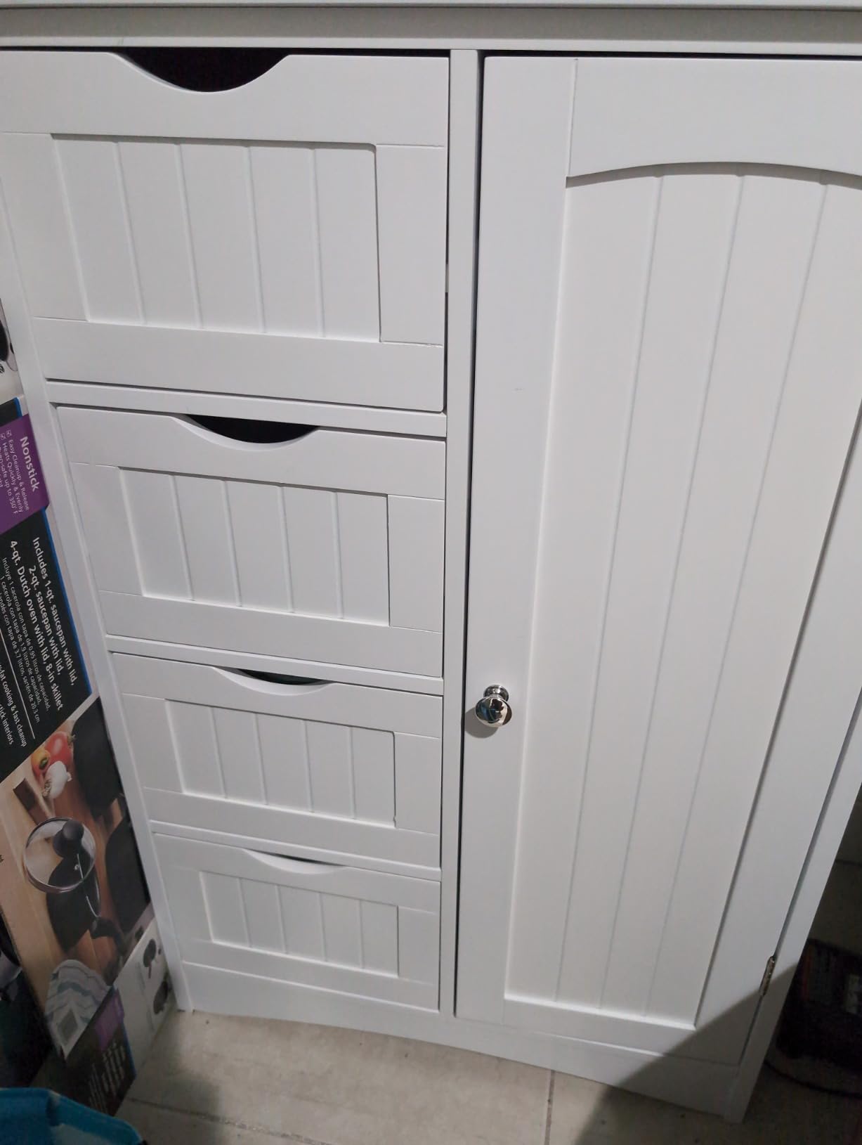 JupiterForce Wooden Bathroom Floor Storage Cabinet, Freestanding Storage Cabinet with 4 Drawers and 1 Door Entryway Storage Organizer Unit for Bathroom, Living Room, White customer photo 2