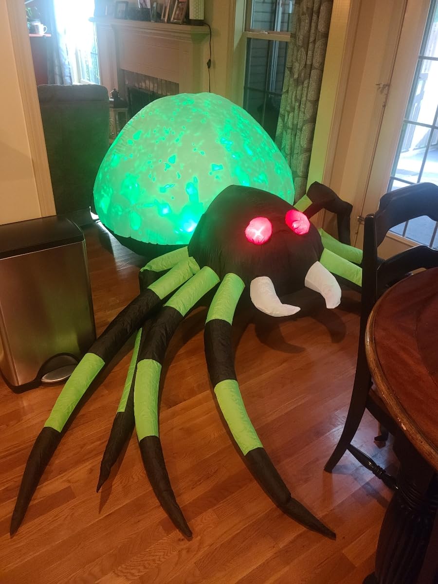 12 FT Halloween Inflatables Spider Outdoor Decorations, Giant Blow Up Spider with Flame Lights & Red Glowing Eyes, Large Crawling Green Spider Props for Halloween Party Yard Garden Lawn Roof Decor customer photo 2