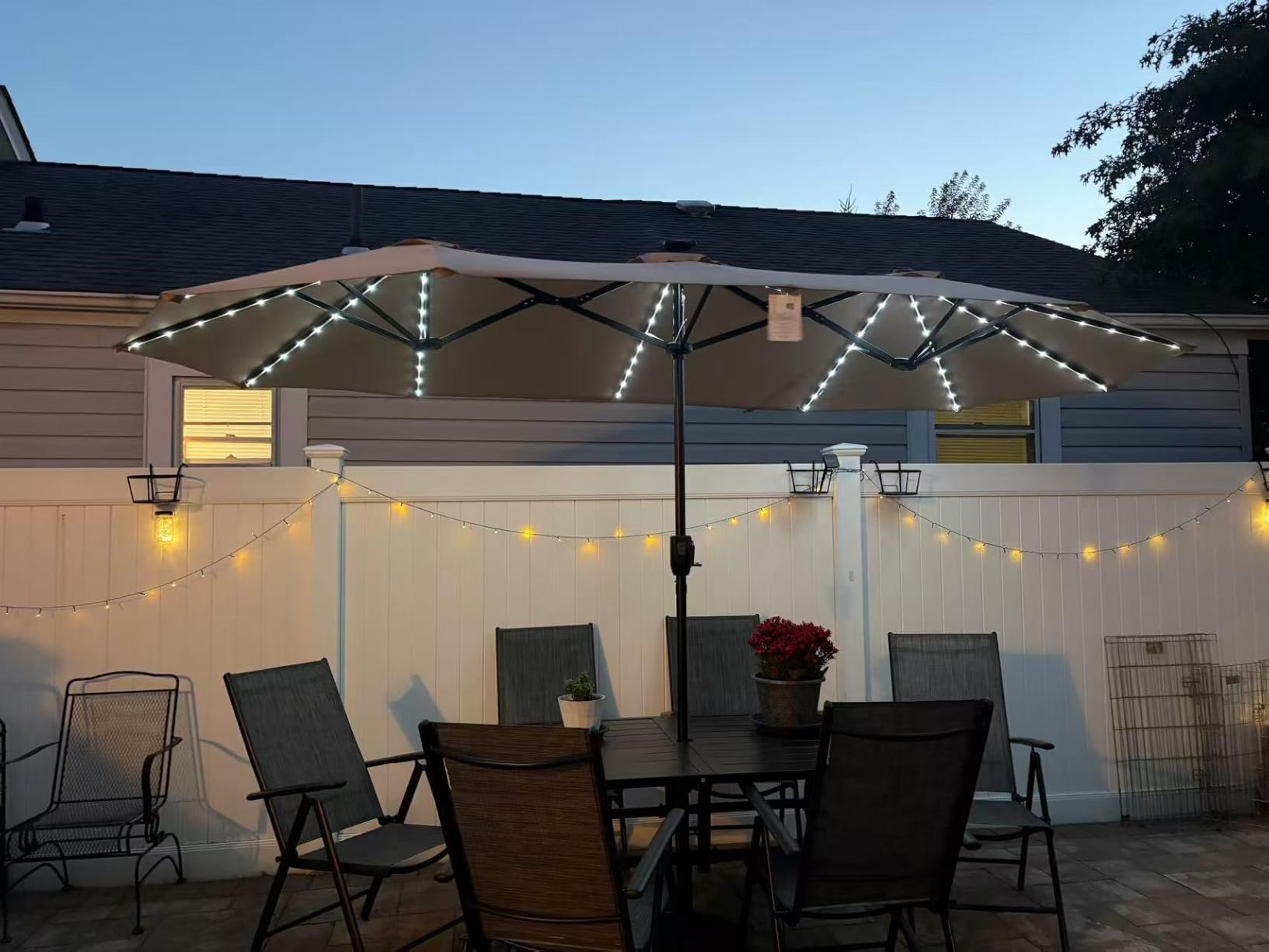 PHI VILLA 13ft Patio Umbrella w/ 120 PCS Color Changing Solar Lights, Beige | Outdoor Triple-Head Large Rectangle/Rectangular Solar-powered Market Table Umbrellas, w/ Crank Lift, for Poolside(No base) customer photo 1