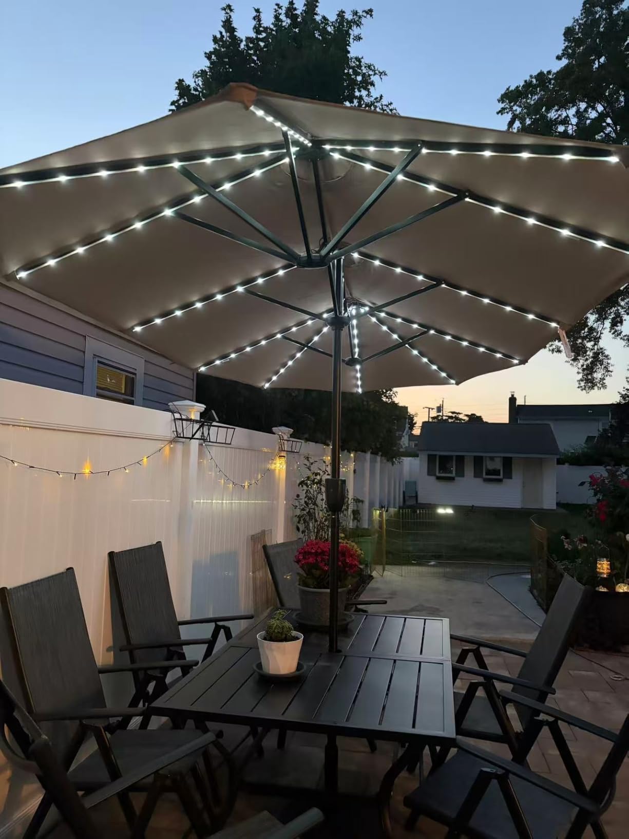 PHI VILLA 13ft Patio Umbrella w/ 120 PCS Color Changing Solar Lights, Beige | Outdoor Triple-Head Large Rectangle/Rectangular Solar-powered Market Table Umbrellas, w/ Crank Lift, for Poolside(No base) customer photo 2